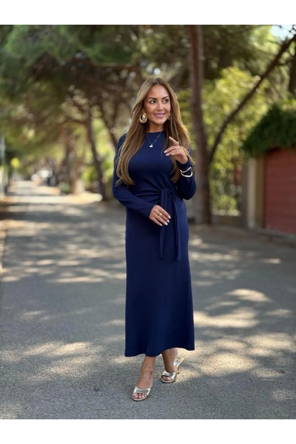 Kadın Uzun Kollu Bisiklet Yaka Yandan Bağlamalı Uzun Modal Elbise