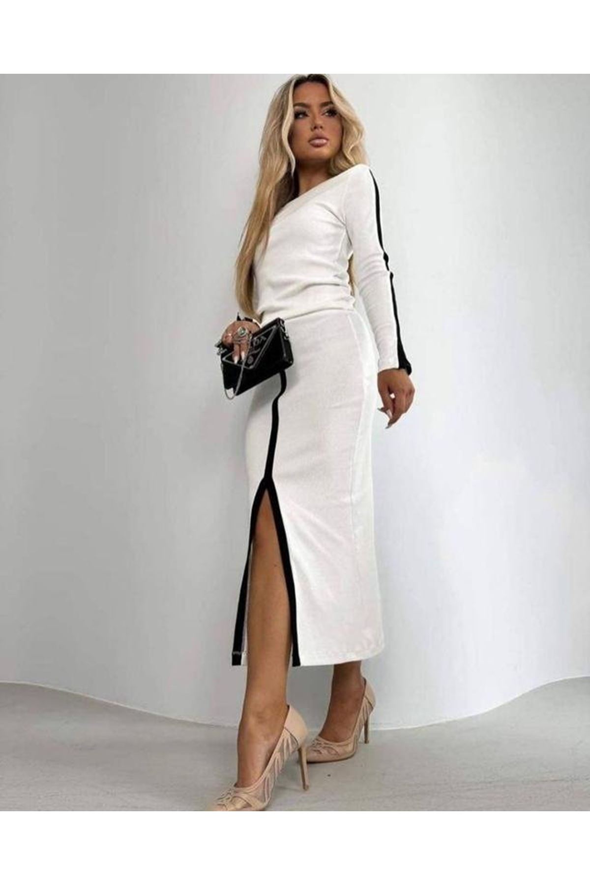 Kadın Uzun Kollu Bisiklet Yaka Kaşkorse Bluz Ve Yırtmaçlı Etek Ikili Takım