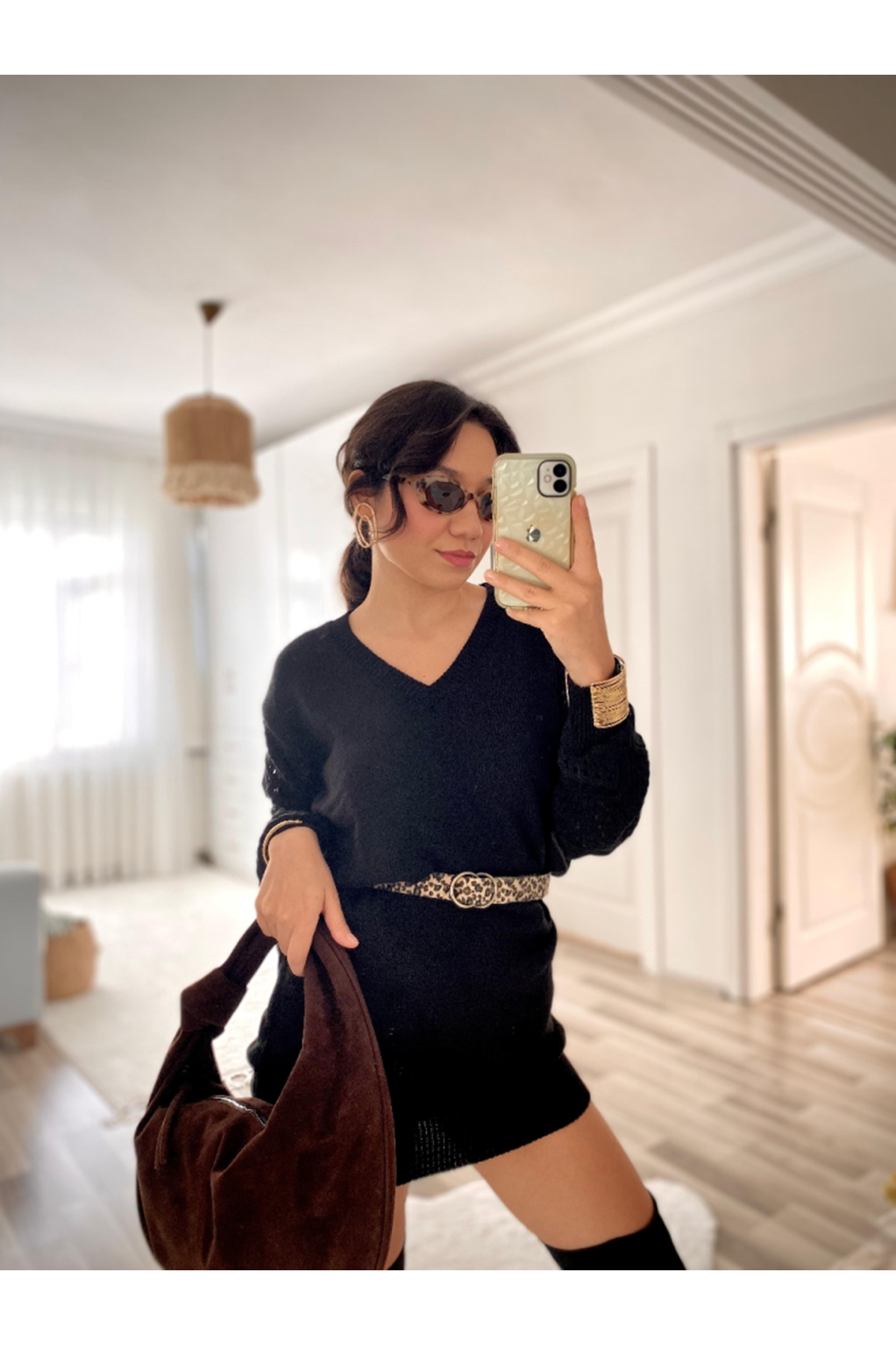 Kadın Uzun Kollu V Yakalı Mini Triko Elbise