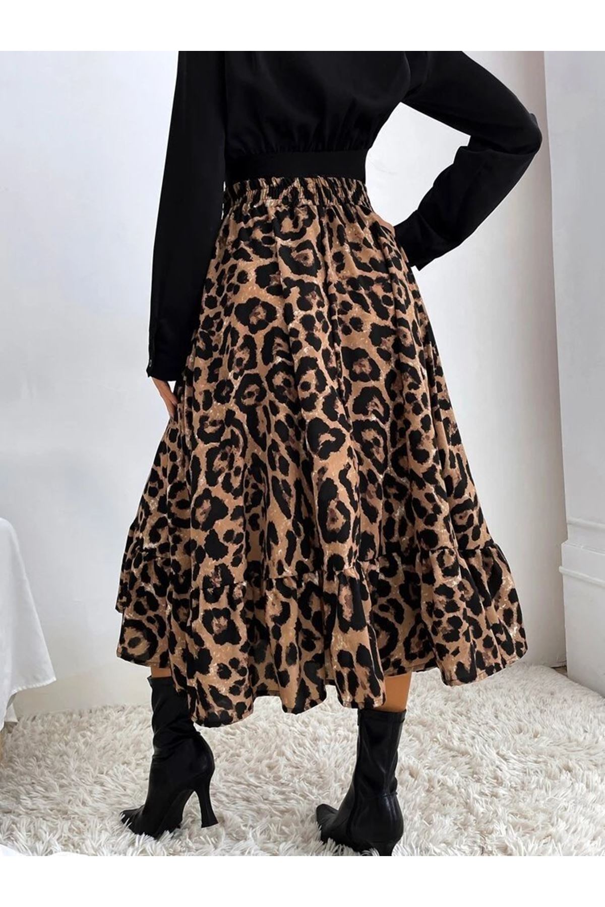 Kadın Uzun Kollu Kruvaze Yakalı Ithal Krep Bluz Ve Leopar Desenli Süprem Uzun Elbise