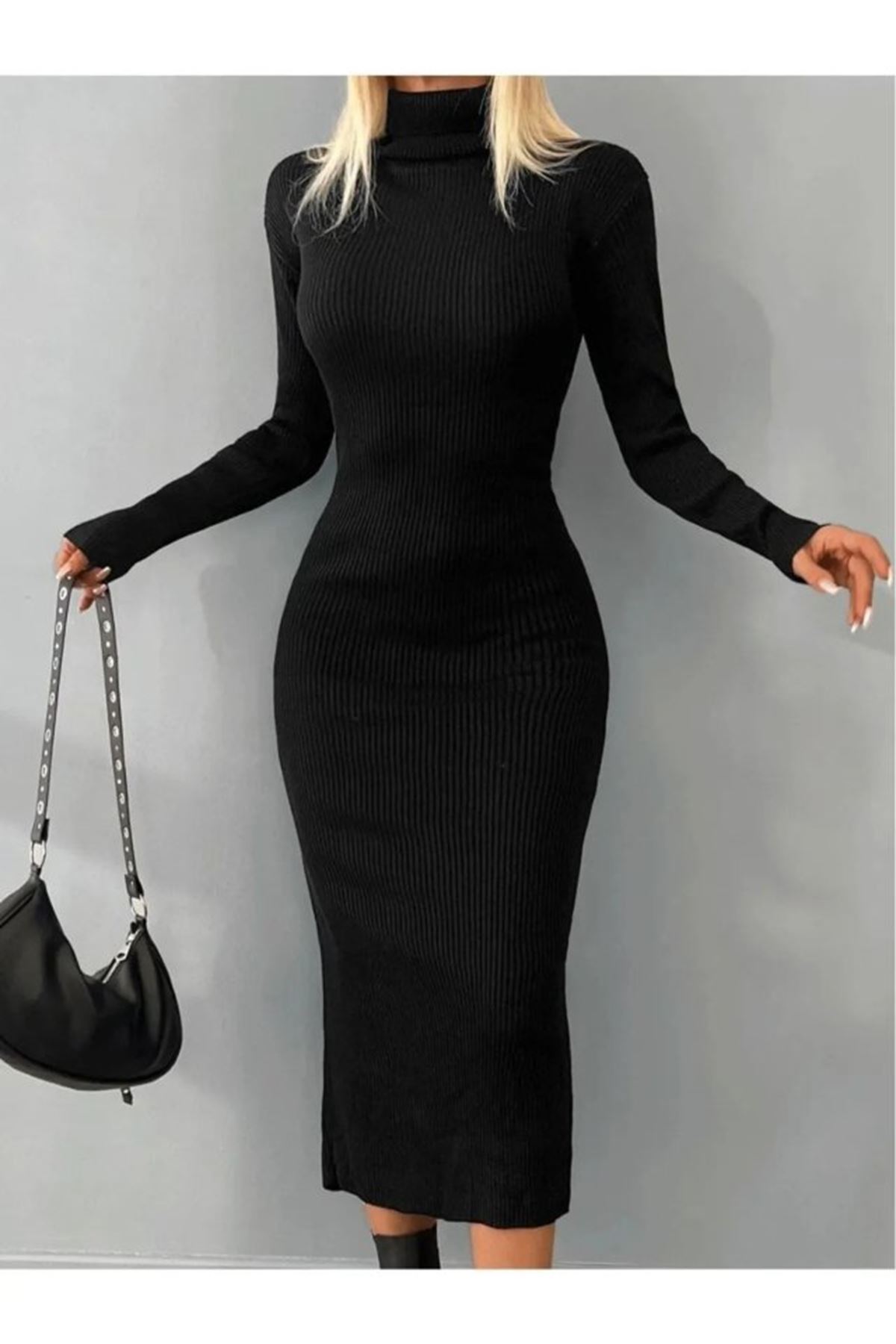 Kadın Balıkçı Yaka Fitilli Triko Kalem Elbise