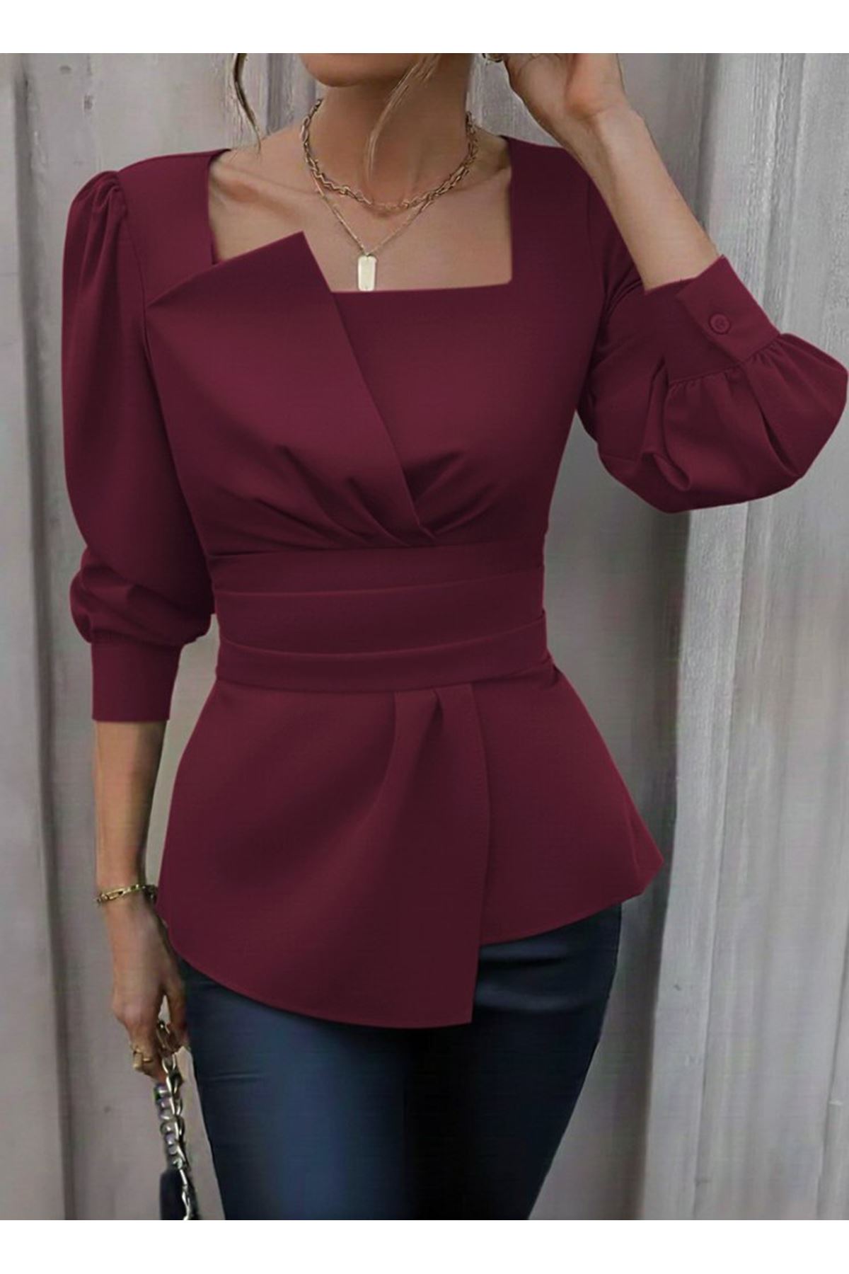 Kadın Uzun Kollu Geometrik Yakalı Belden Oturmalı Ithal Krep Bluz