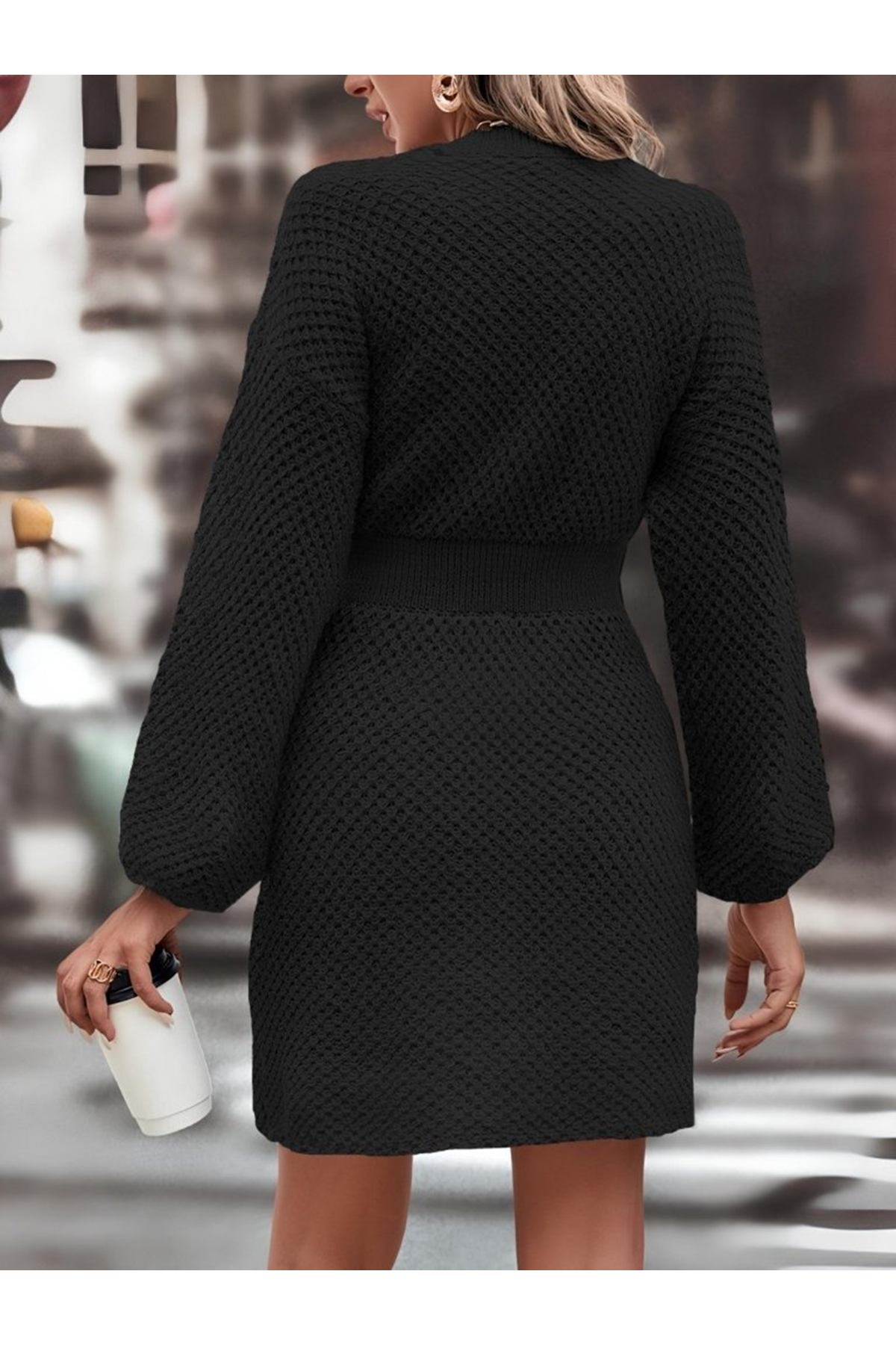 Kadın Uzun Kollu Bisiklet Yaka Balon Kol Bel Lastik Detay Triko Mini Boy Elbise