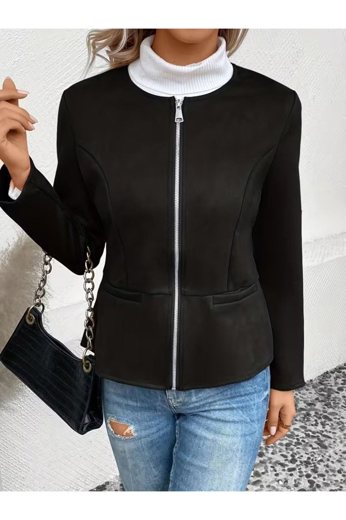 Kadın Uzun Kollu Yuvarlak Yaka önden Fermuarlı Süet Ceket