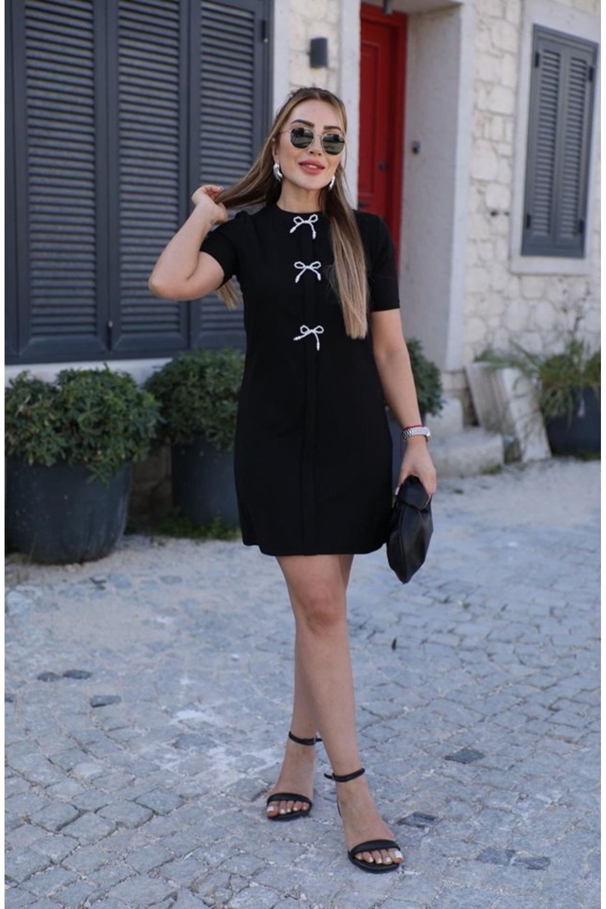 Kadın Kısa Kollu Bisiklet Yaka önden Fiyonk Detaylı Ithal Krep Elbise