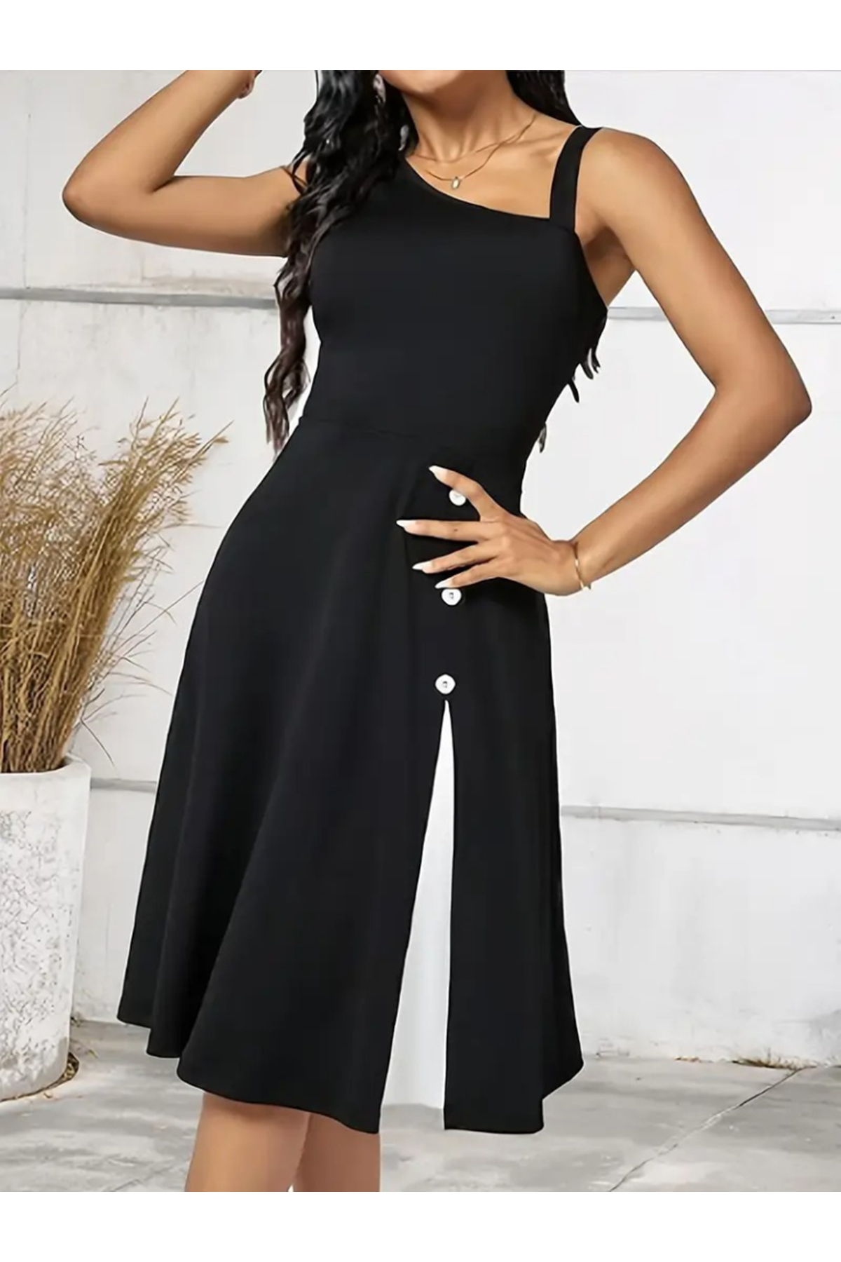 Kadın Tek Omuzu şerit Detaylı Sıfır Kol Yandan Düğme Detaylı Janjan Krep Elbise