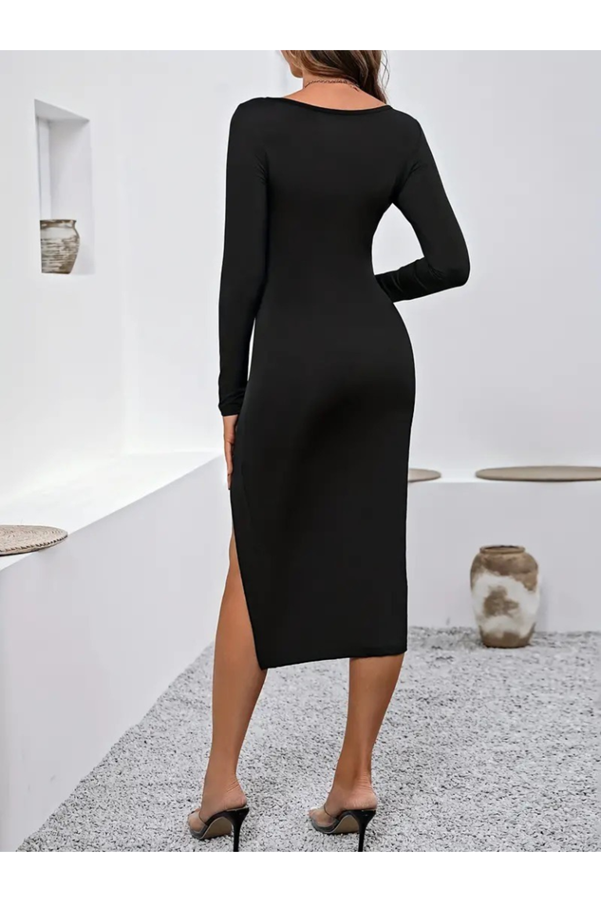 Kadın Uzun Kollu Göğüs Ve Göbek Dekolte Detay Sandy Midi Boy Elbise