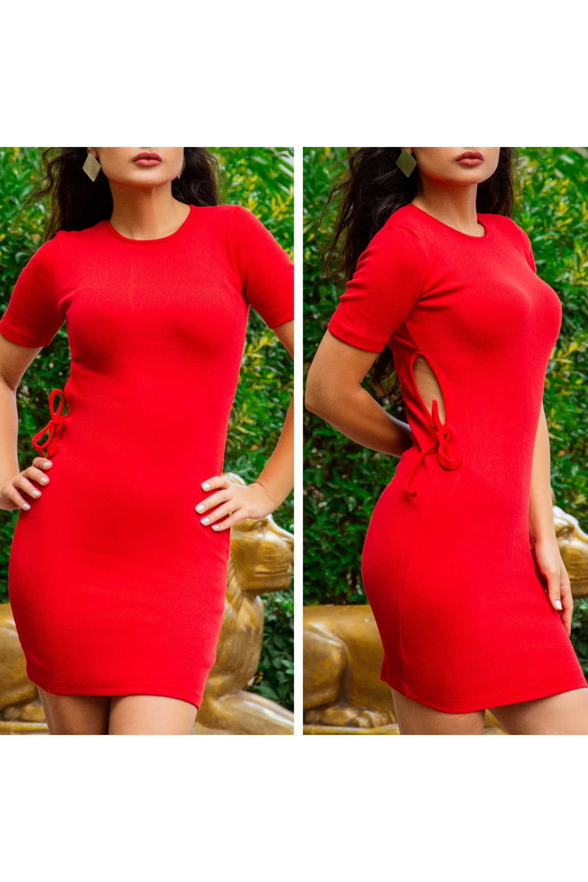 Kadın Kırmızı Kısa Kol Bel Detay Kaşkorse Elbise