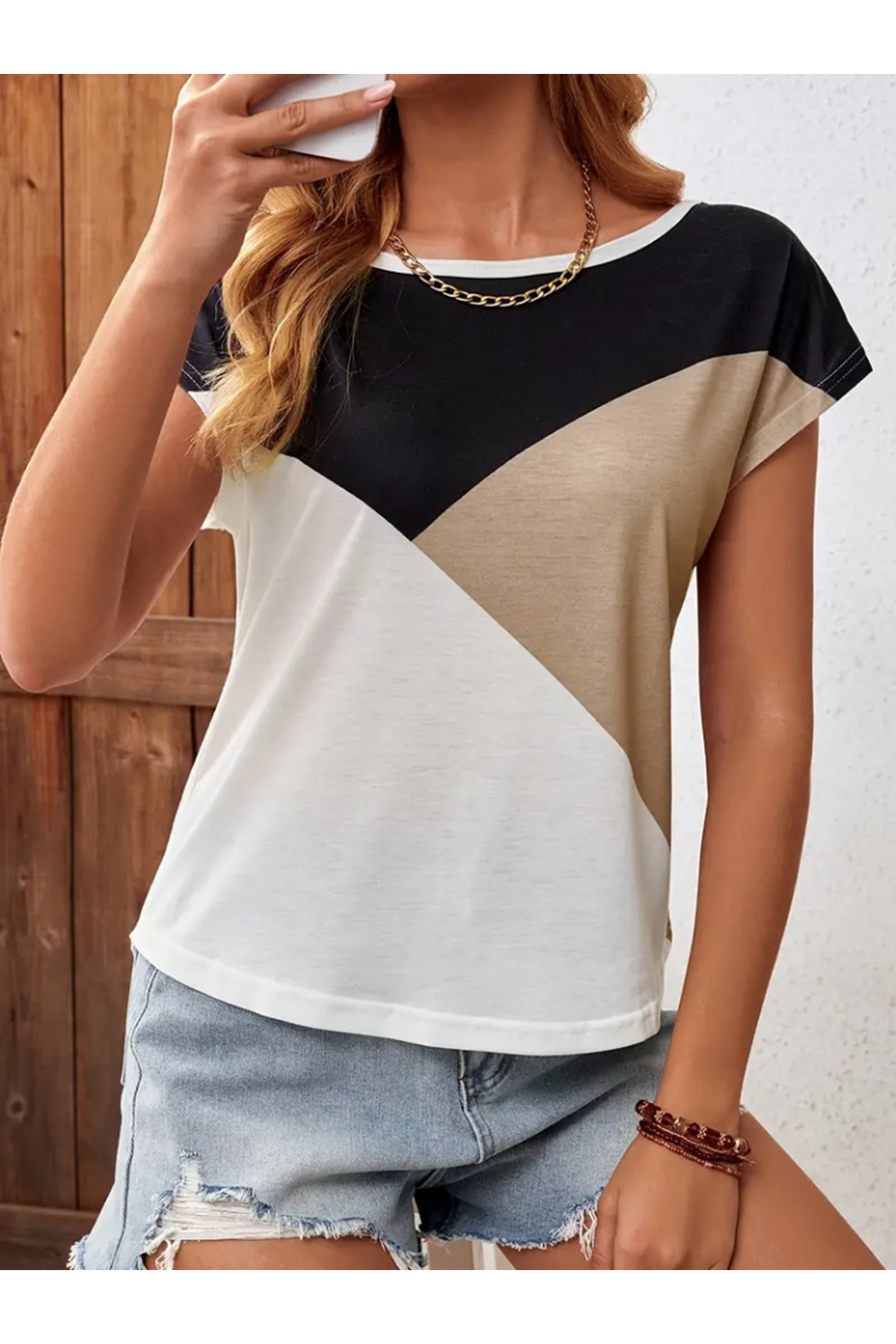 Kadın Bisiklet Yaka üç Renk Viskon T-shirt