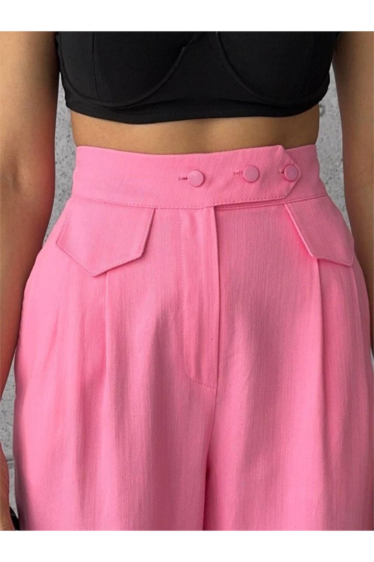 PANTOLON KAPALI CEP 3 DÜĞME DETAYLI - Pembe