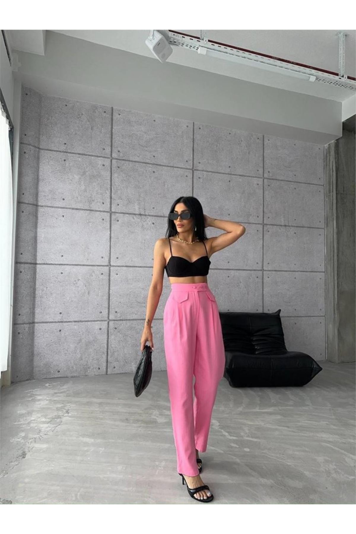 PANTOLON KAPALI CEP 3 DÜĞME DETAYLI - Pembe