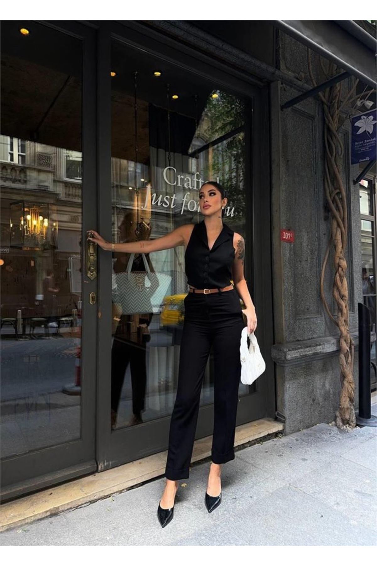 KETEN DUBLE PAÇA DERİ TABA KEMERLİ PANTOLON - Siyah