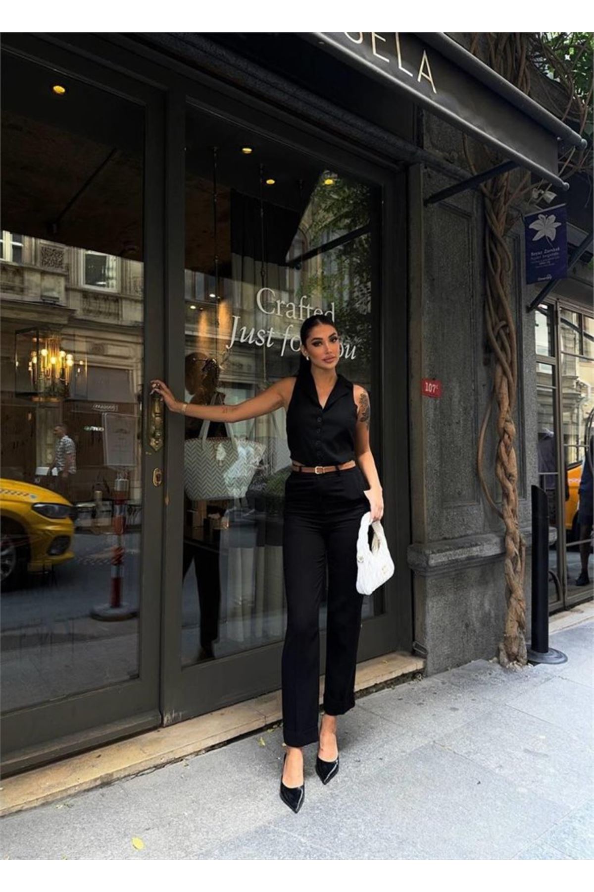 KETEN DUBLE PAÇA DERİ TABA KEMERLİ PANTOLON - Siyah