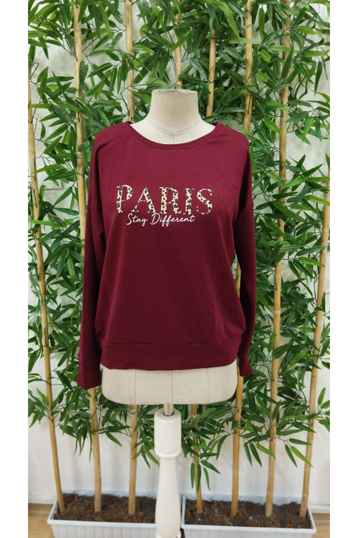 Kadın Uzun Kollu Bisiklet Yaka Desenli Viskon Iki Iplik Bluz