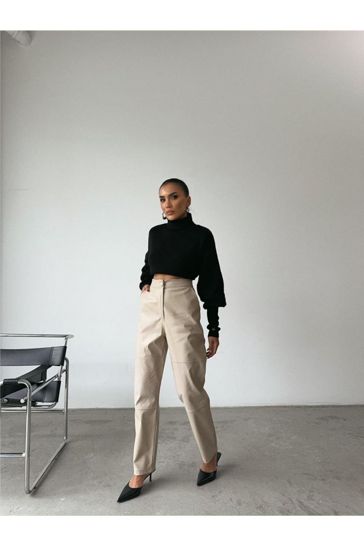 DERİ PANTOLON DİZ PARÇALI - Taş