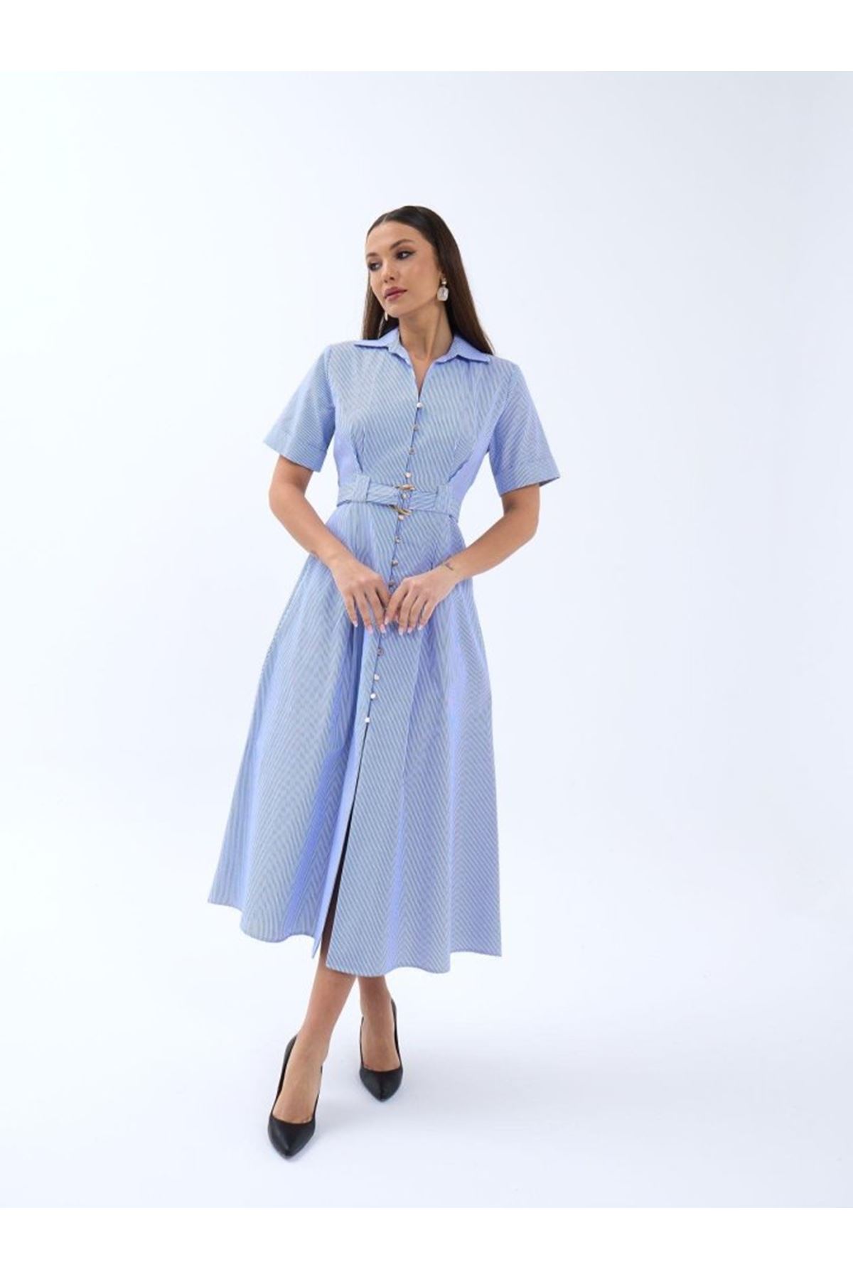 6948 ELBİSE-MAVİ BEYAZ ÇİZGİLİ