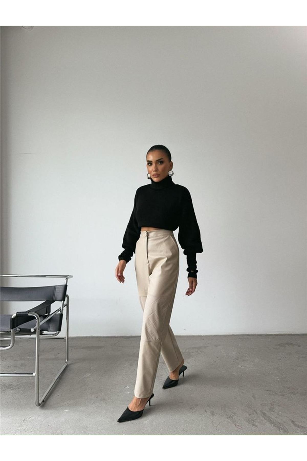 DERİ PANTOLON DİZ PARÇALI - Taş