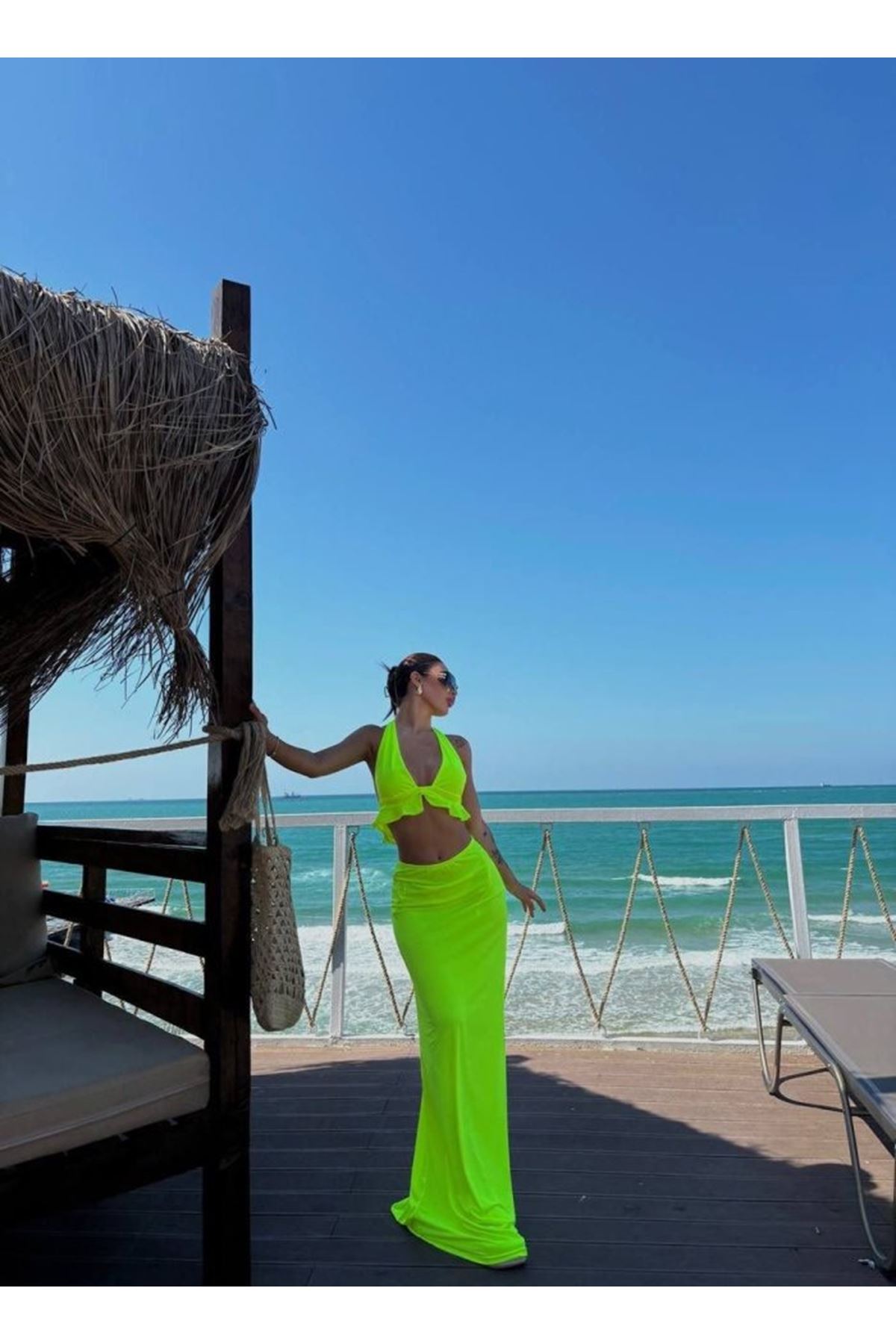 Kadın Mayo Kumaş Bağlamalı Crop Ve Maxi Boy Etek Ikili Takım