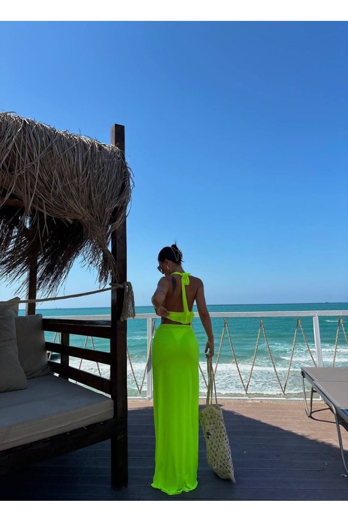 Kadın Mayo Kumaş Bağlamalı Crop Ve Maxi Boy Etek Ikili Takım