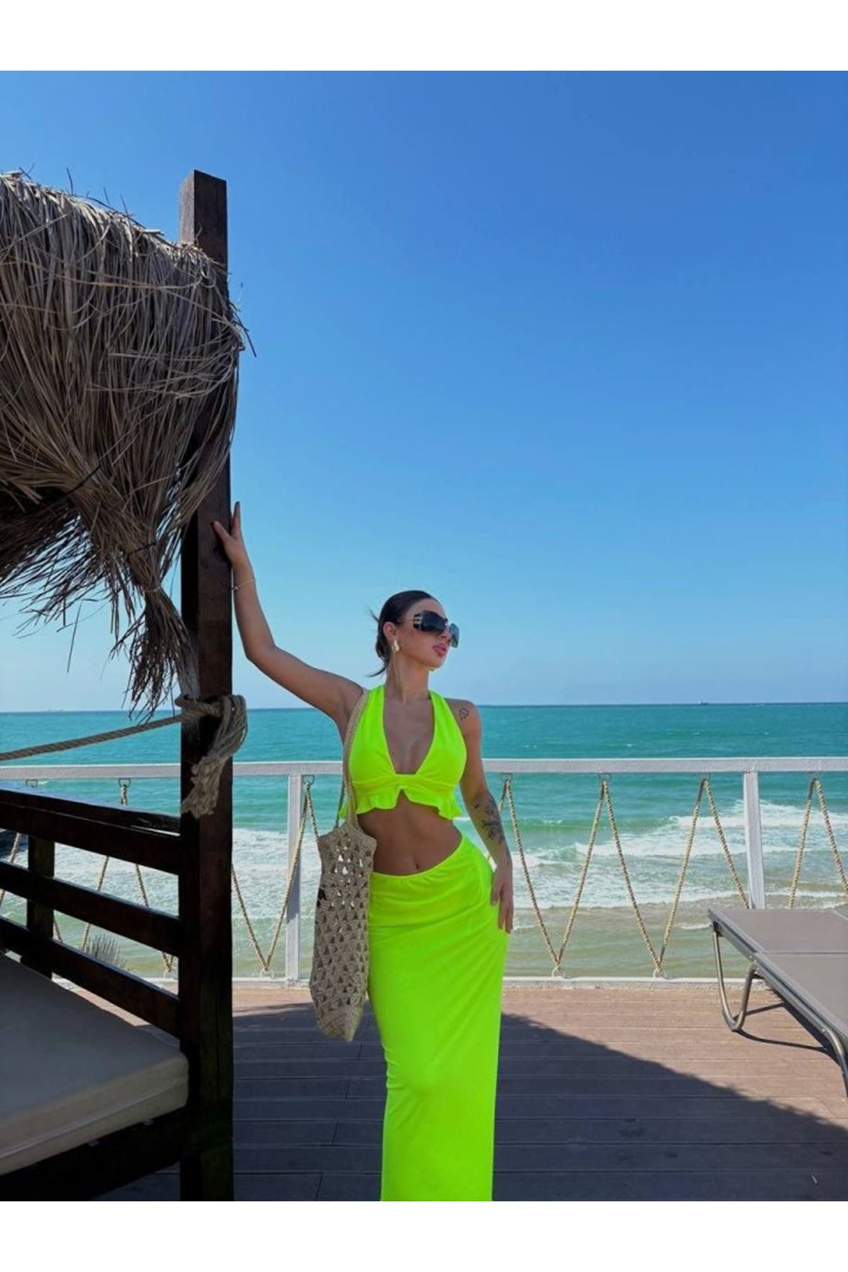 Kadın Mayo Kumaş Bağlamalı Crop Ve Maxi Boy Etek Ikili Takım