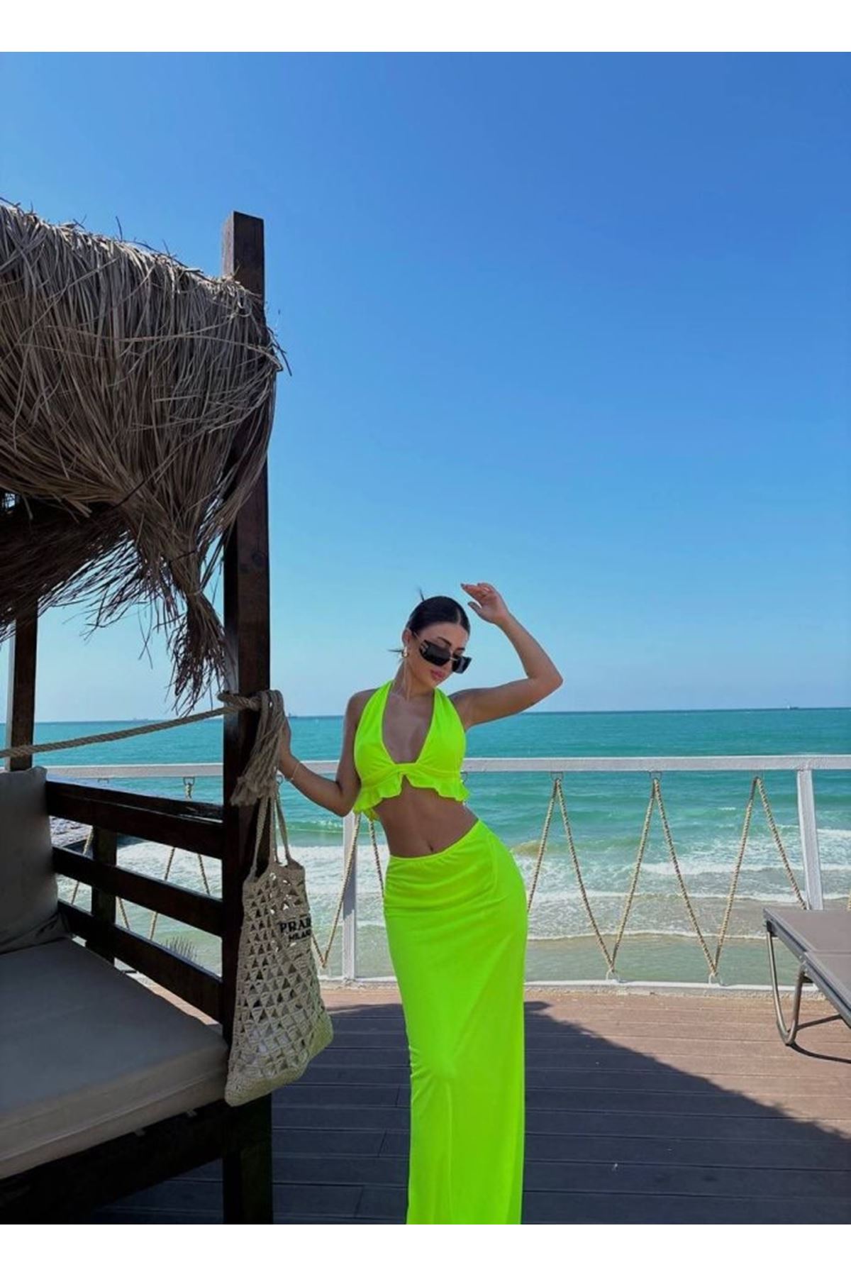 Kadın Mayo Kumaş Bağlamalı Crop Ve Maxi Boy Etek Ikili Takım