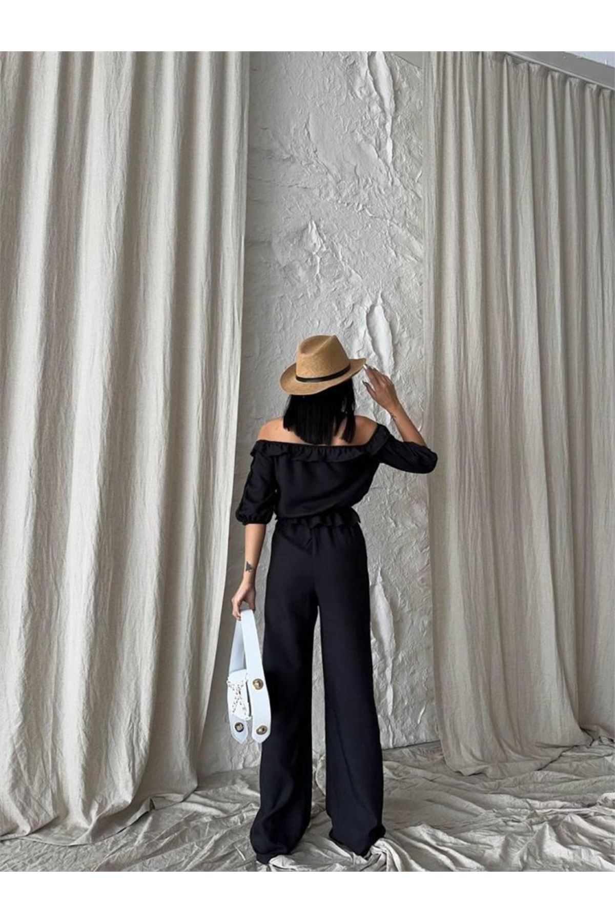 KETEN MADONNA YAKA KOL HASIR ŞERİT - PANTOLON TAKIM - Siyah