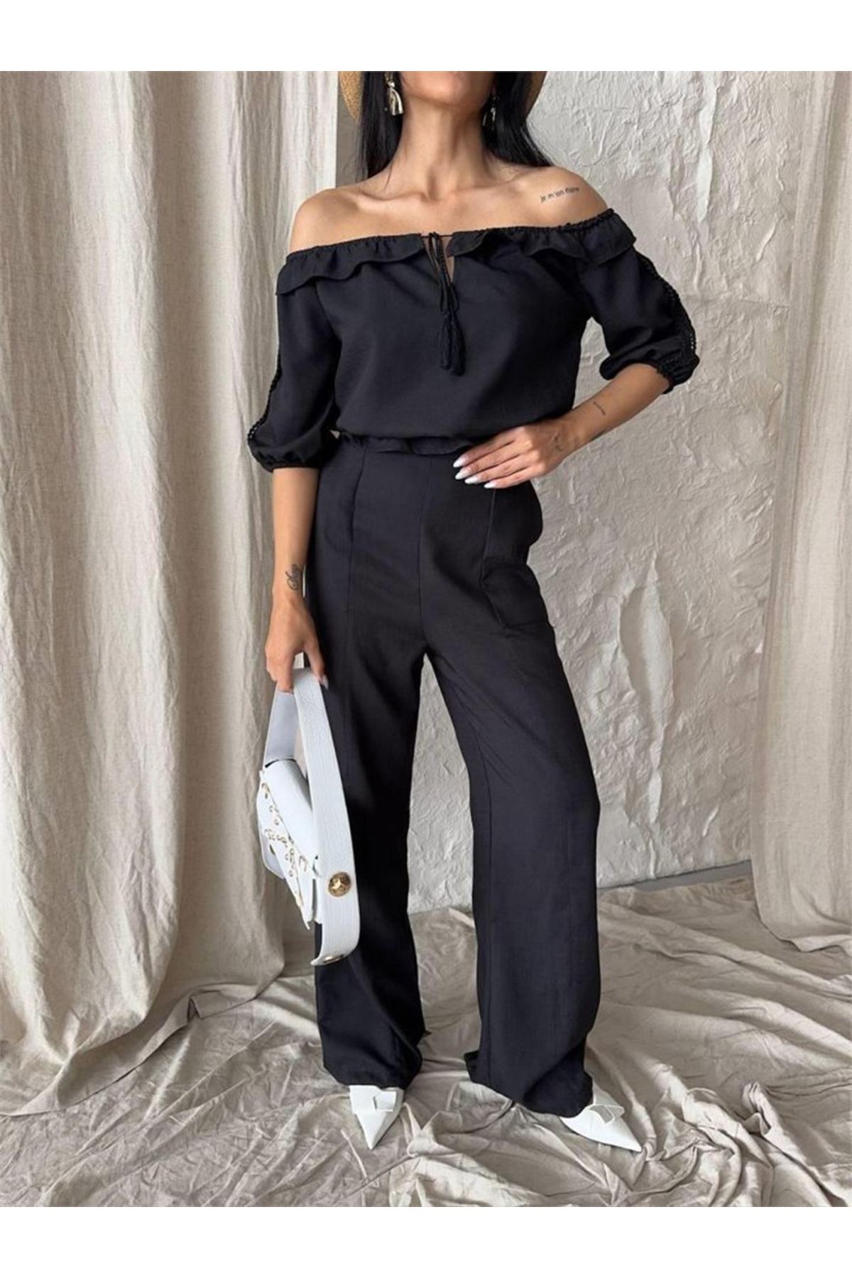 KETEN MADONNA YAKA KOL HASIR ŞERİT - PANTOLON TAKIM - Siyah
