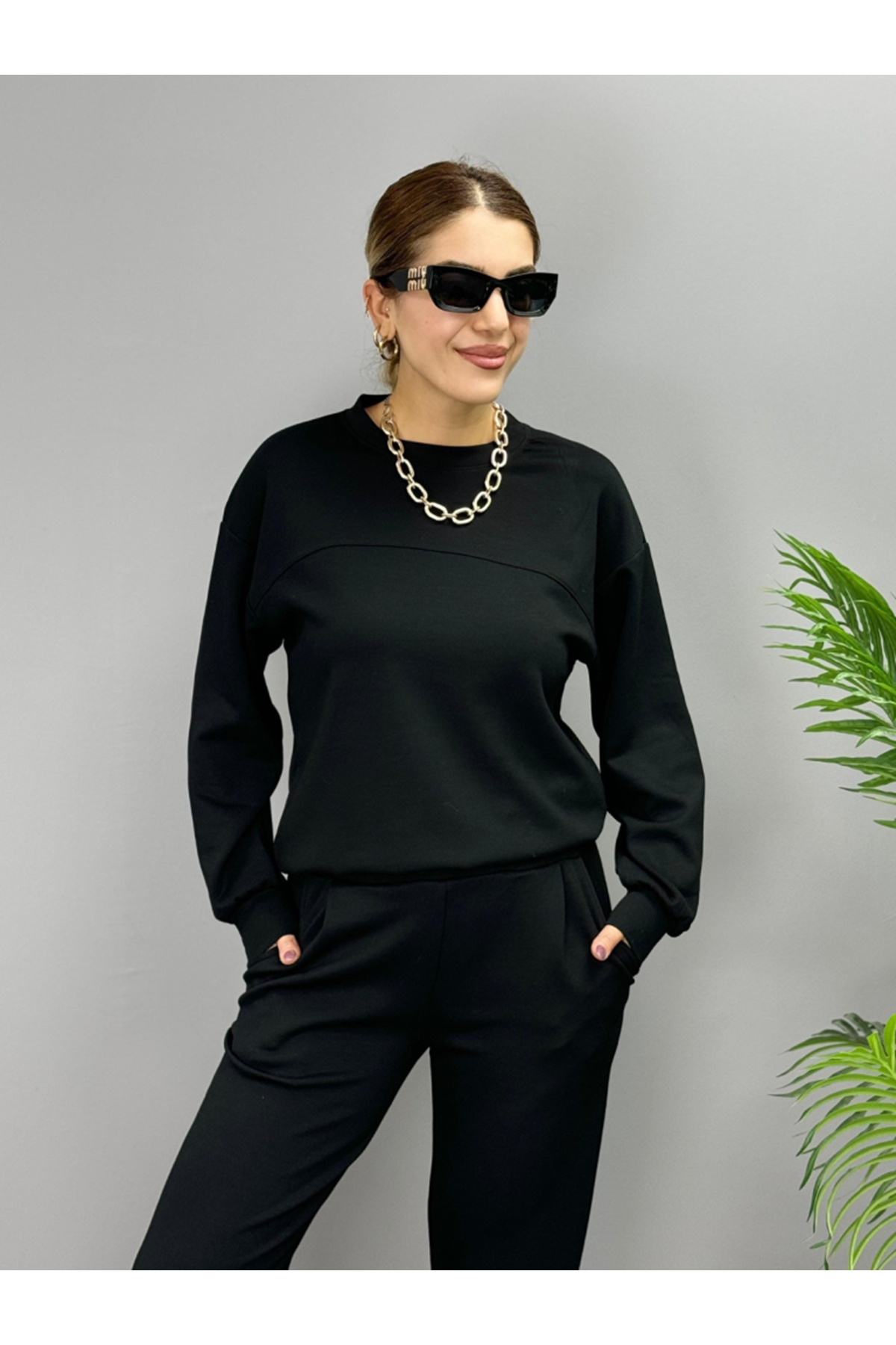Kadın Uzun Kollu Bisiklet Yaka Viskon Iki Iplik Bluz Ve Pantolon Ikili Takım