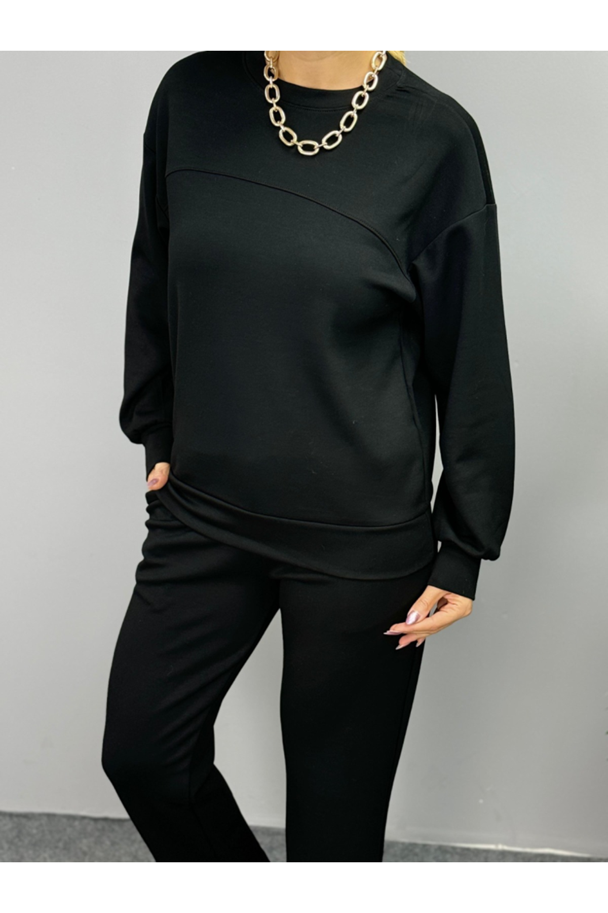 Kadın Uzun Kollu Bisiklet Yaka Viskon Iki Iplik Bluz Ve Pantolon Ikili Takım