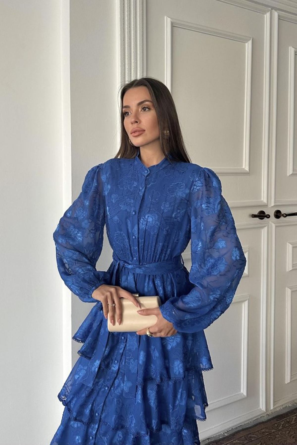 Saks Valonlu Şeritli Kat Kat Elbise