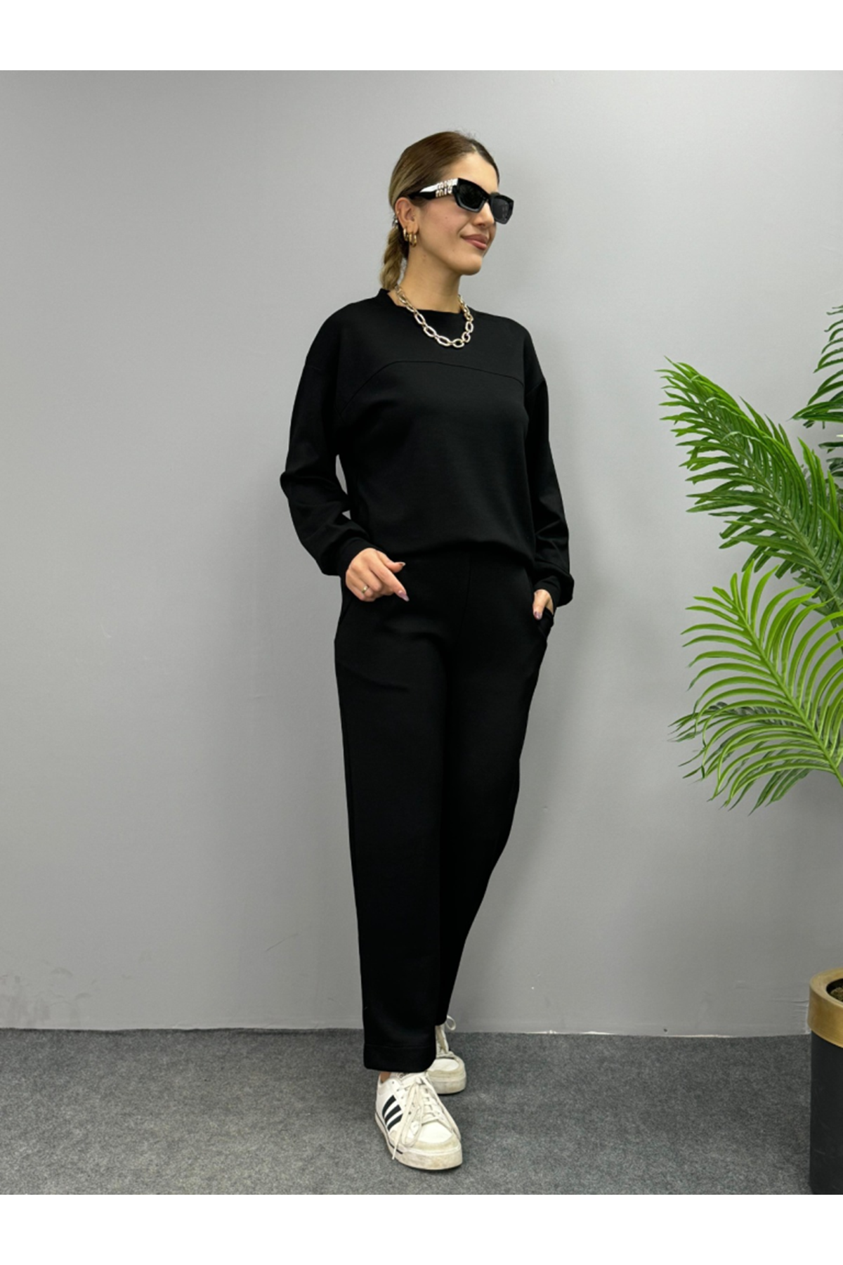 Kadın Uzun Kollu Bisiklet Yaka Viskon Iki Iplik Bluz Ve Pantolon Ikili Takım