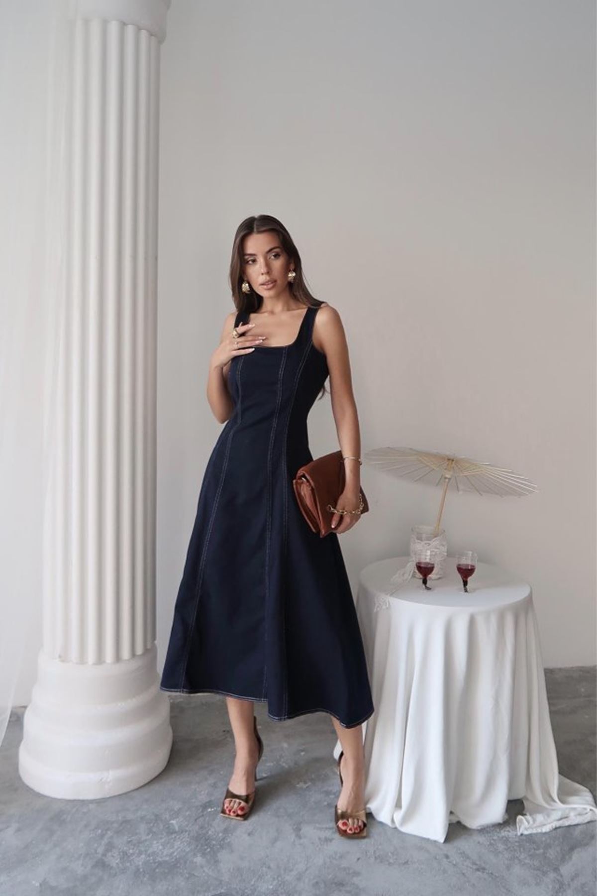 Lacivert Çift Dikişli Gabardin Elbise