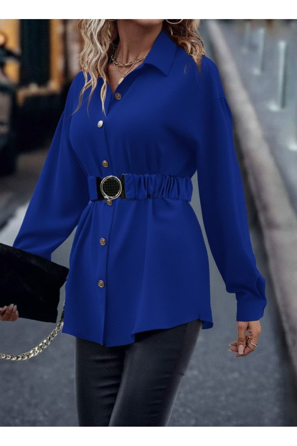 Kadın Uzun Kollu Yakalı önden Düğmeli Belden Kemerli Ithal Krep Bluz