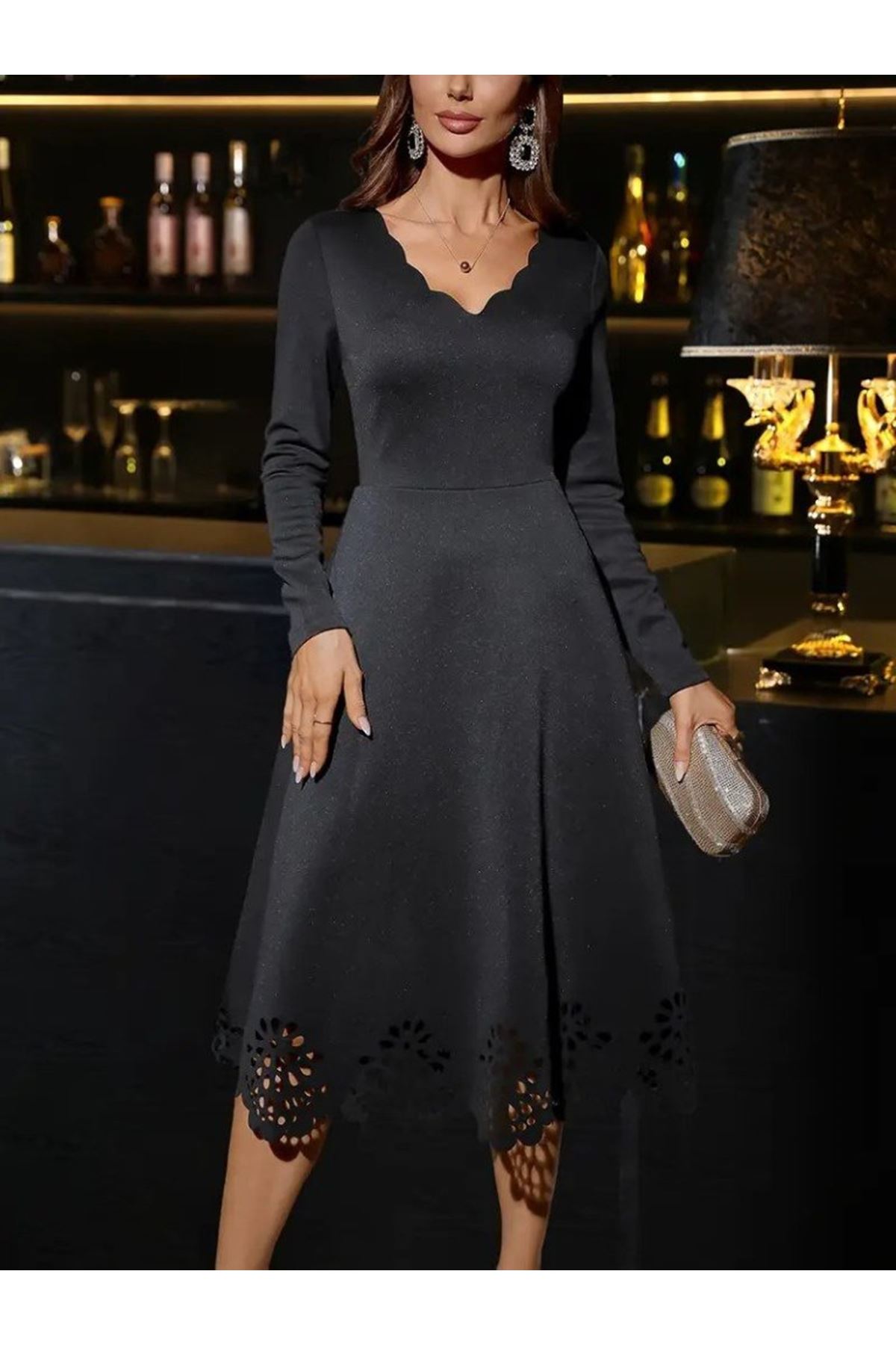 Kadın Uzun Kollu V Yakalı Lazer Kesim Detaylı Midi Ithal Krep Elbise