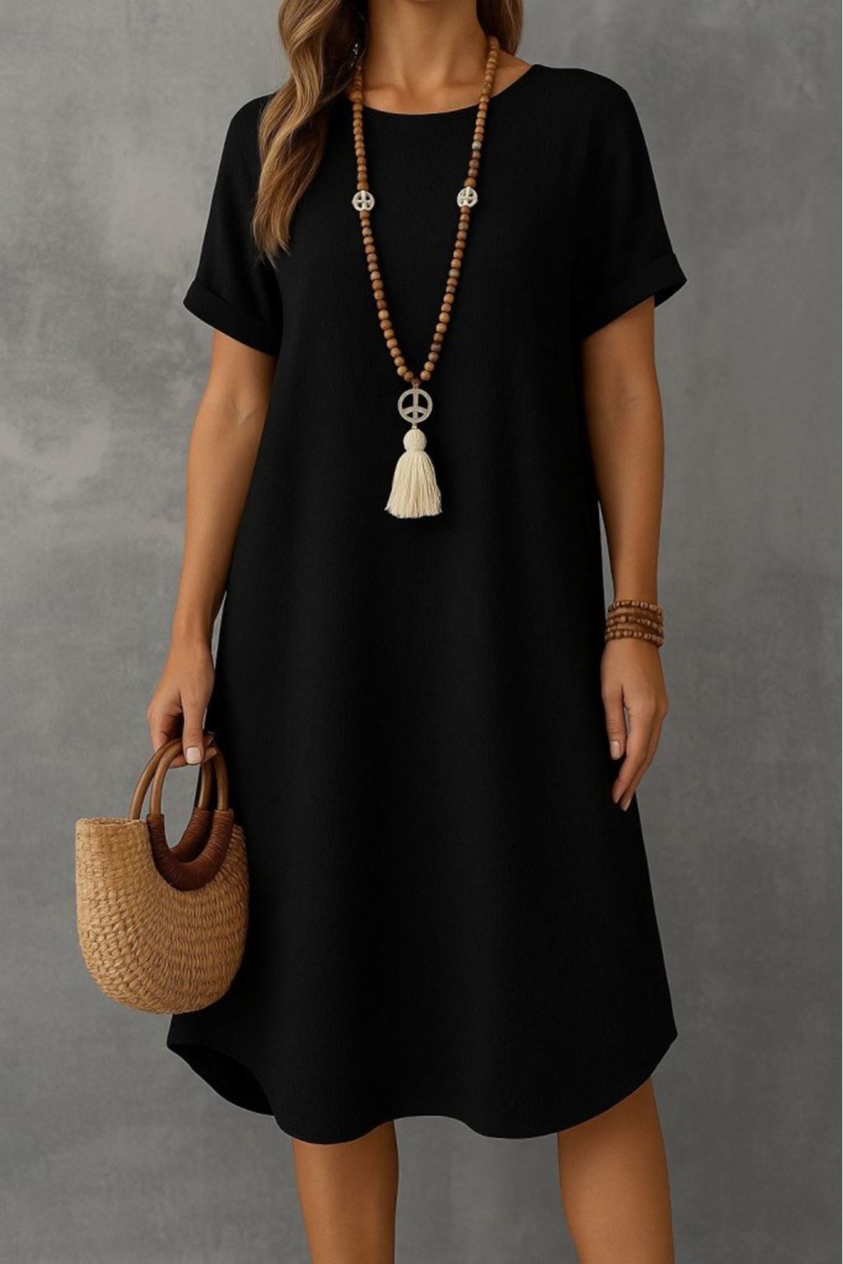 Kadın Kısa Kollu Kayık Yaka Bürümcük Elbise