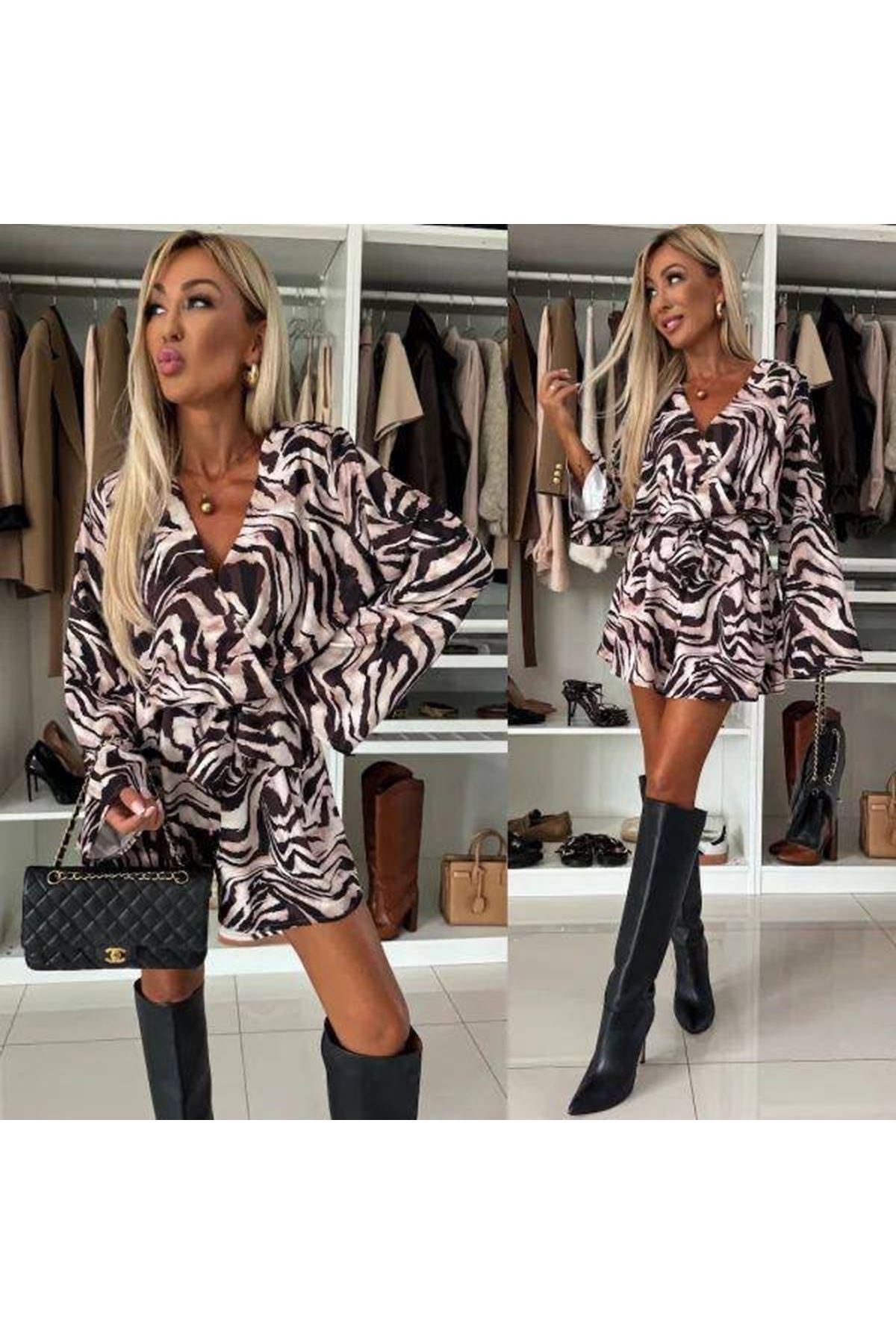 Kadın Salaş Kol Kruvaze Yaka Zebra Desen şort Tulum