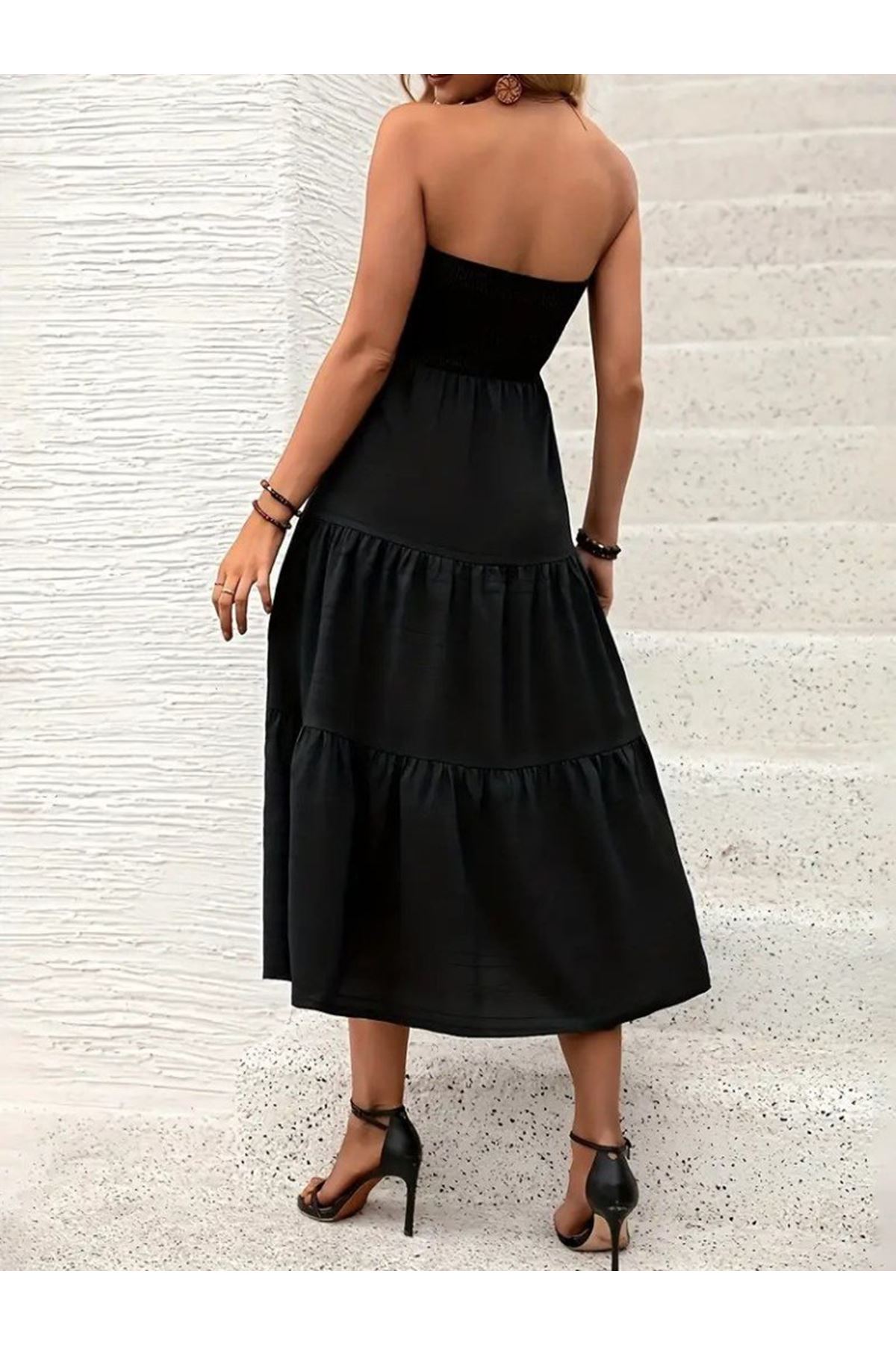 Kadın Straplez Göğüsten Lastikli Kloş Aerobin Uzun Elbise