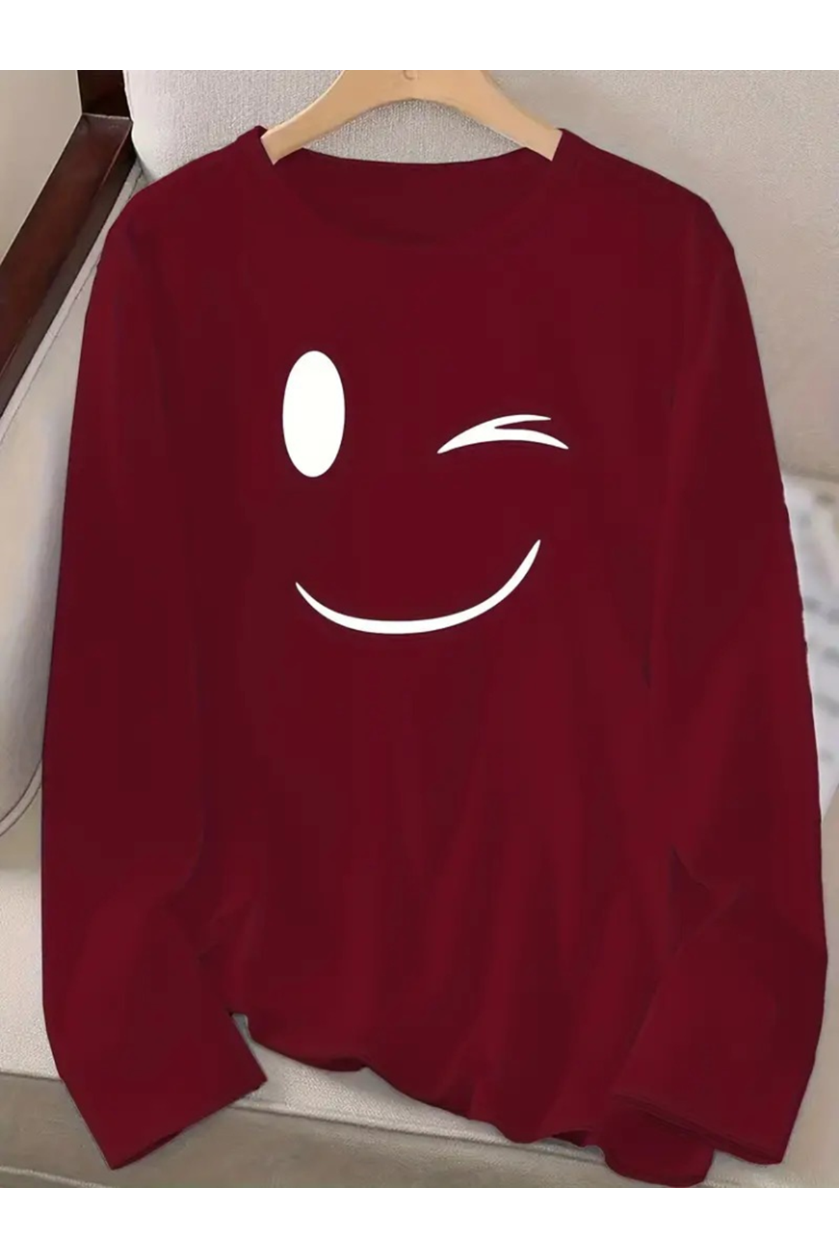 Kadın Uzun Kollu Bisiklet Yaka Gülen Yüz Desenli Viskon Bluz