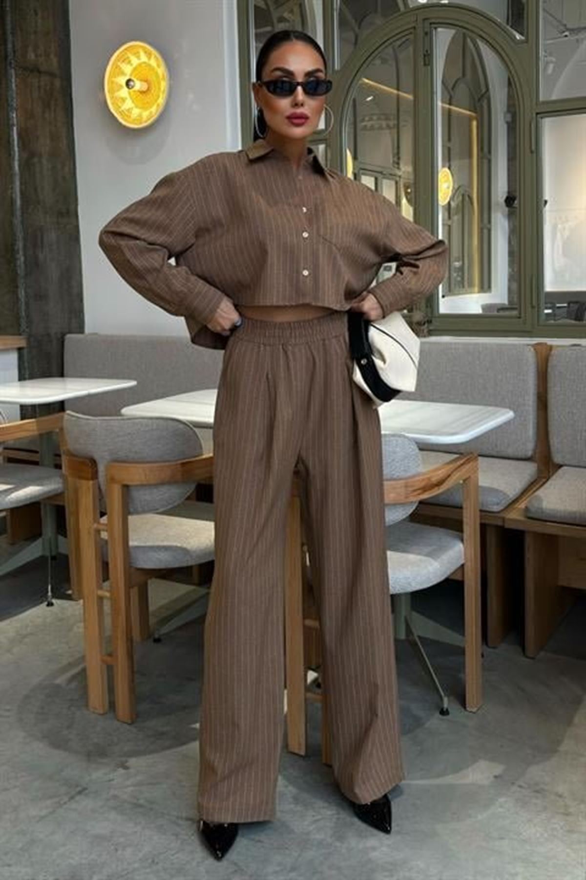 Crop Gömlekli Çizgili Takım 10080