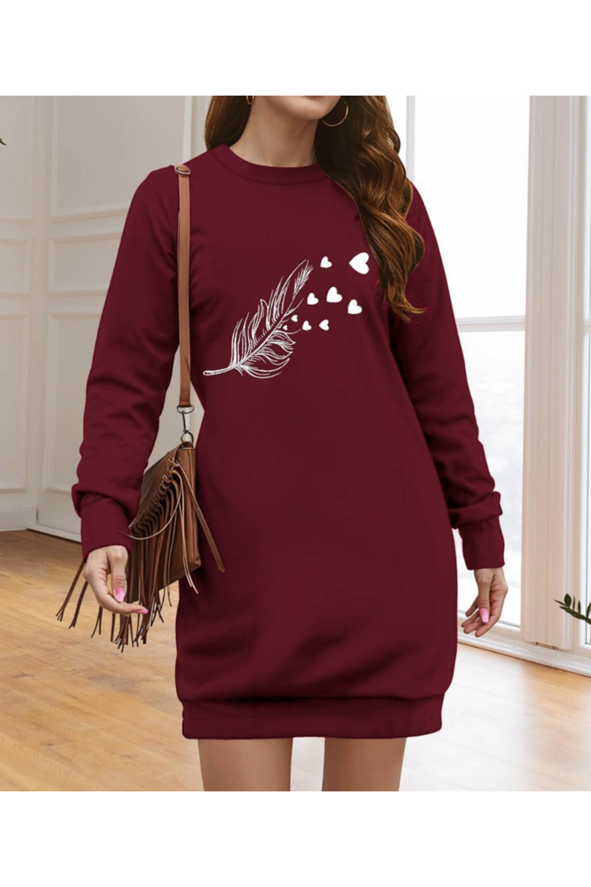 Kadın Uzun Kollu Bisiklet Yaka Desenli Viskon Iki Iplik Elbise