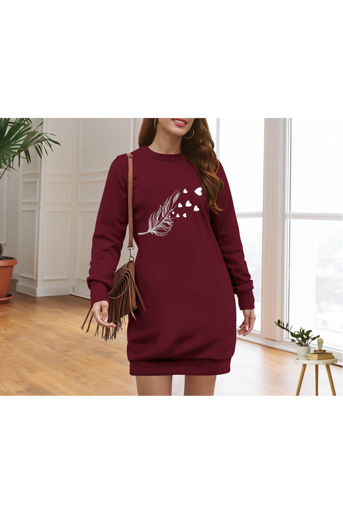 Kadın Uzun Kollu Bisiklet Yaka Desenli Viskon Iki Iplik Elbise