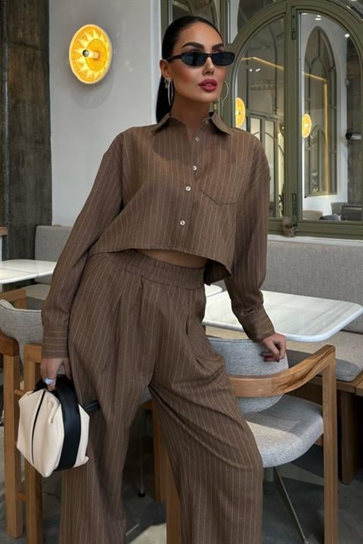 Crop Gömlekli Çizgili Takım 10080