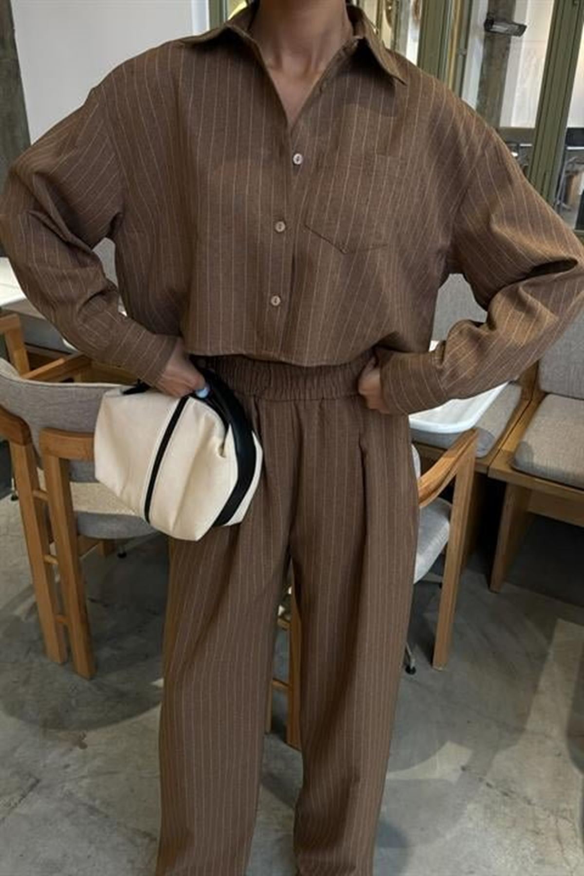 Crop Gömlekli Çizgili Takım 10080