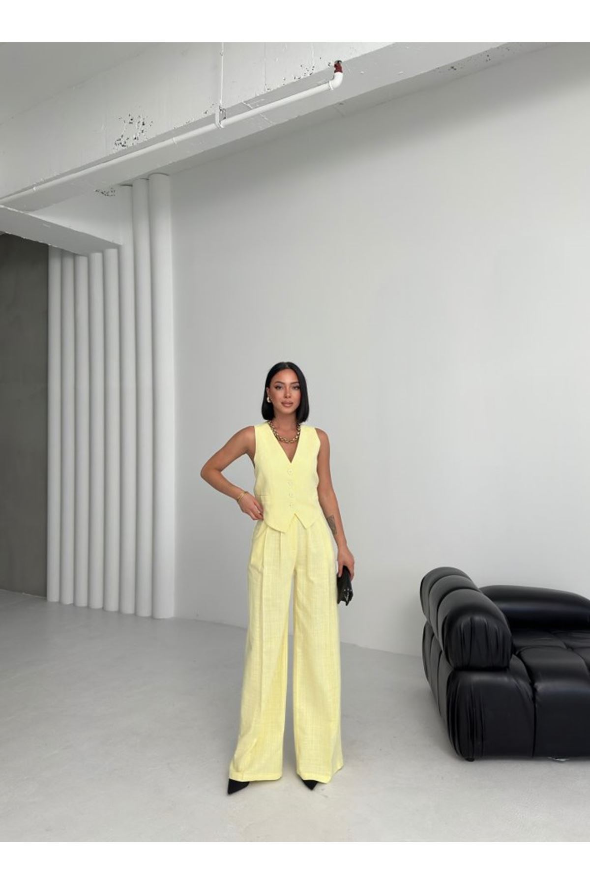 Keten Sirti Çapraz Geçi̇şli̇ Cepken Pantolon Takim