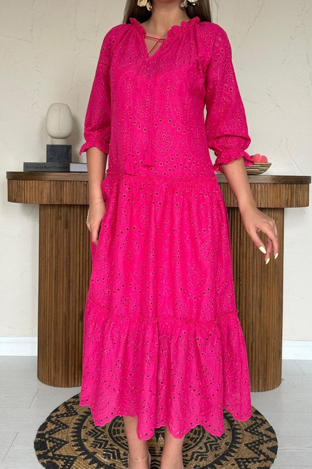 Fuşya Dantelli New Elbise