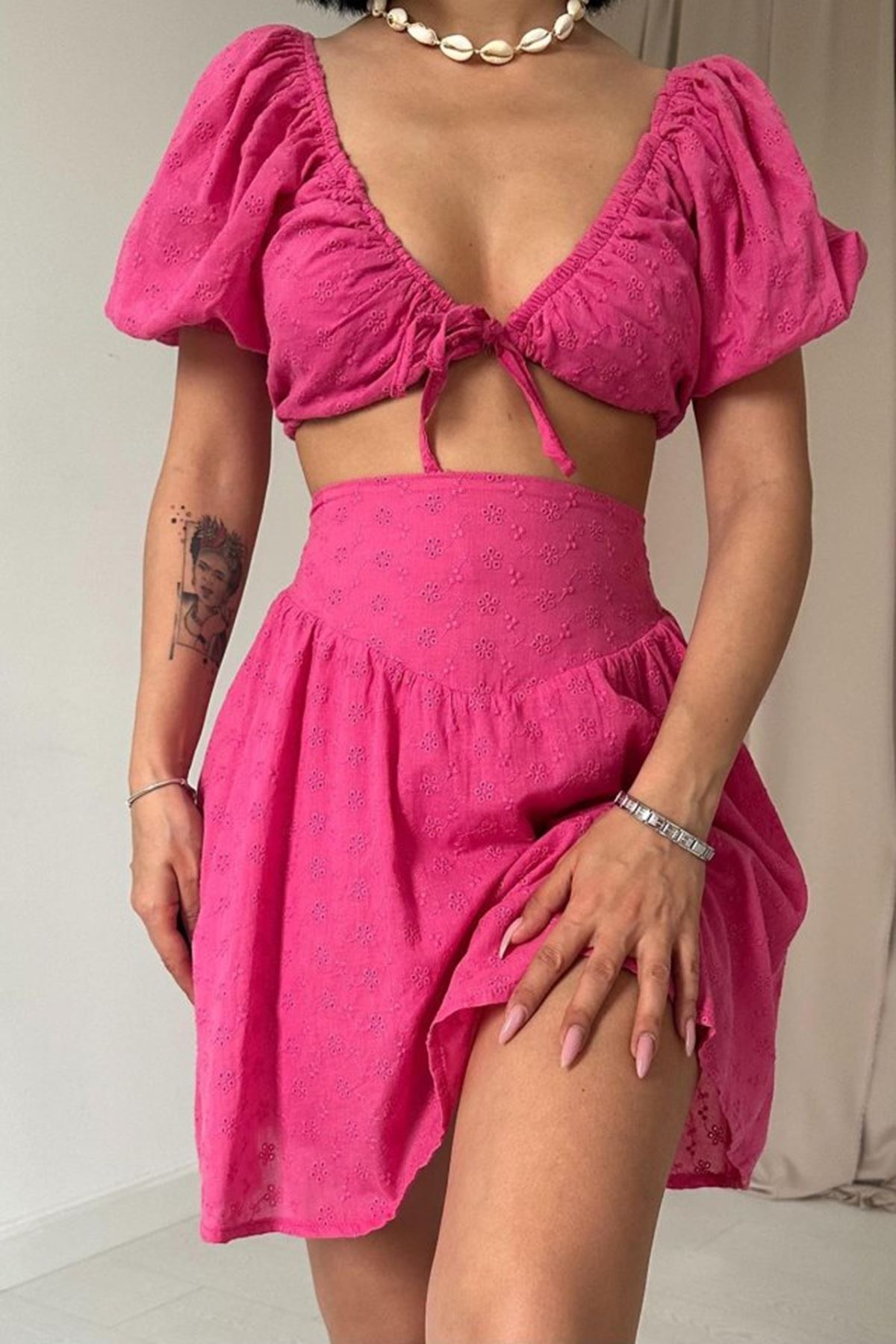 Fuşya Brode Crop Ve Mini Etek Takım