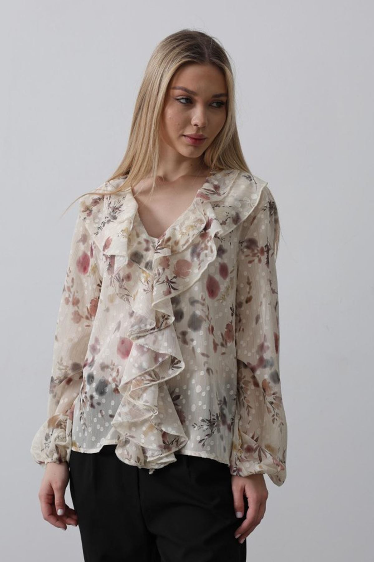 Volanlı Çiçek Desen Şifon Gömlek - Krem