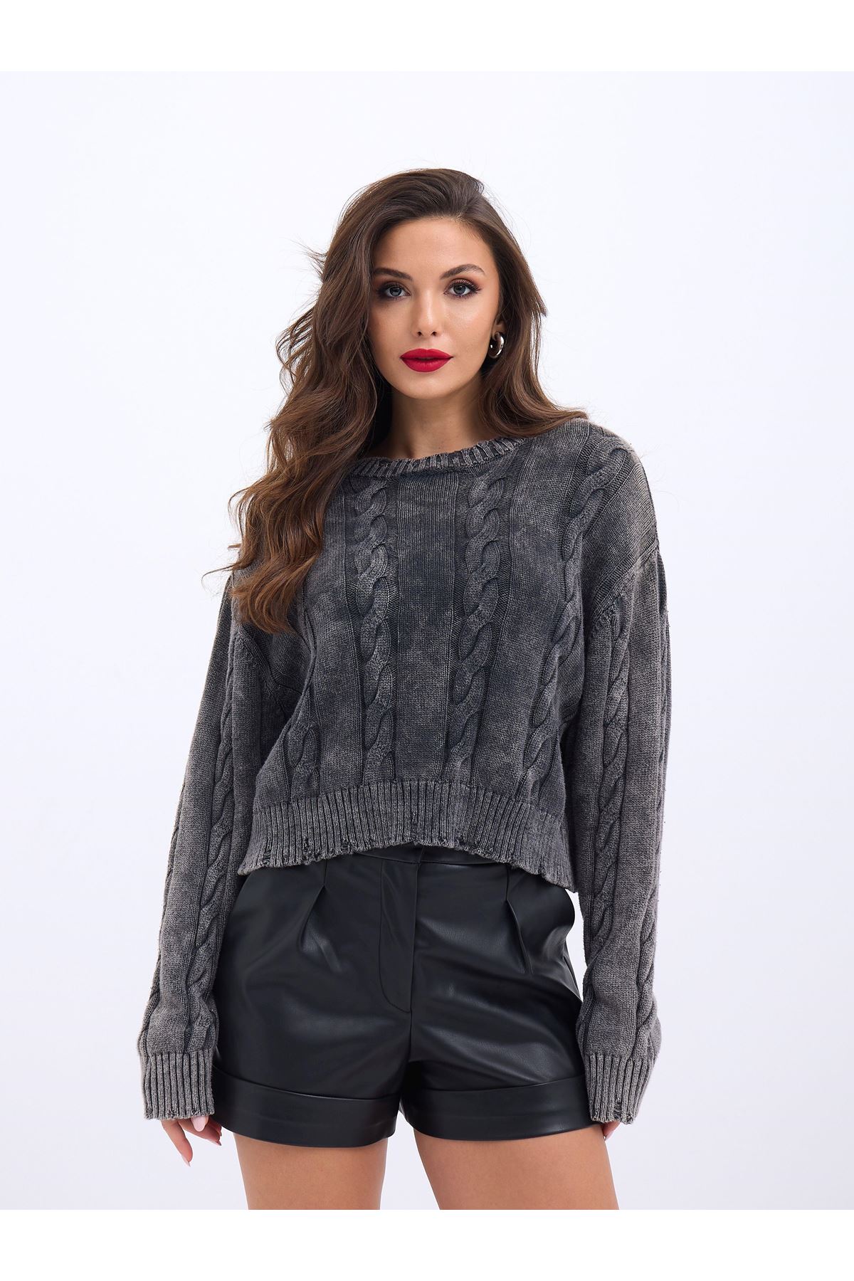 43331 TRİKO SAÇ ÖRGÜ KAZAK-ANTRASİT