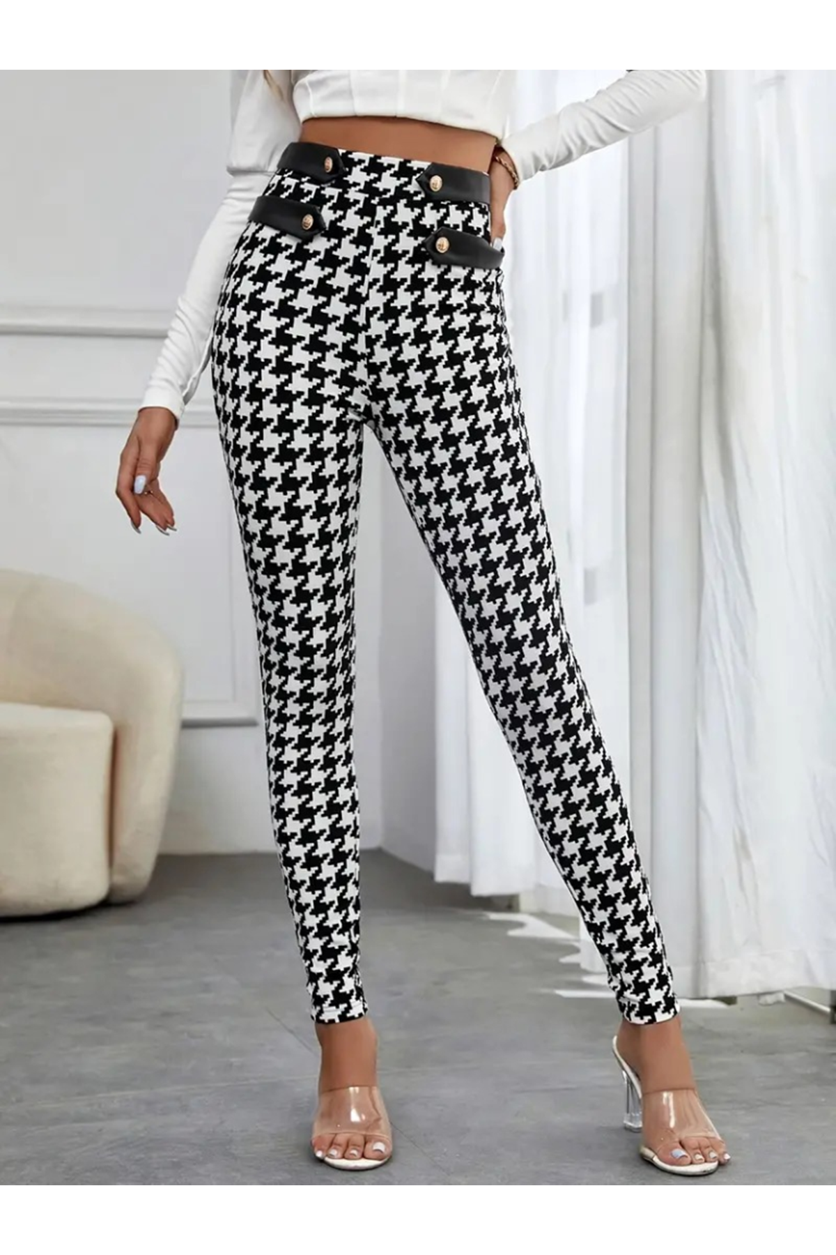 Kadın Yüksek Bel Kaz Ayağı Desenli Yan şerit Düğme Detaylı Dalgıç Pantolon