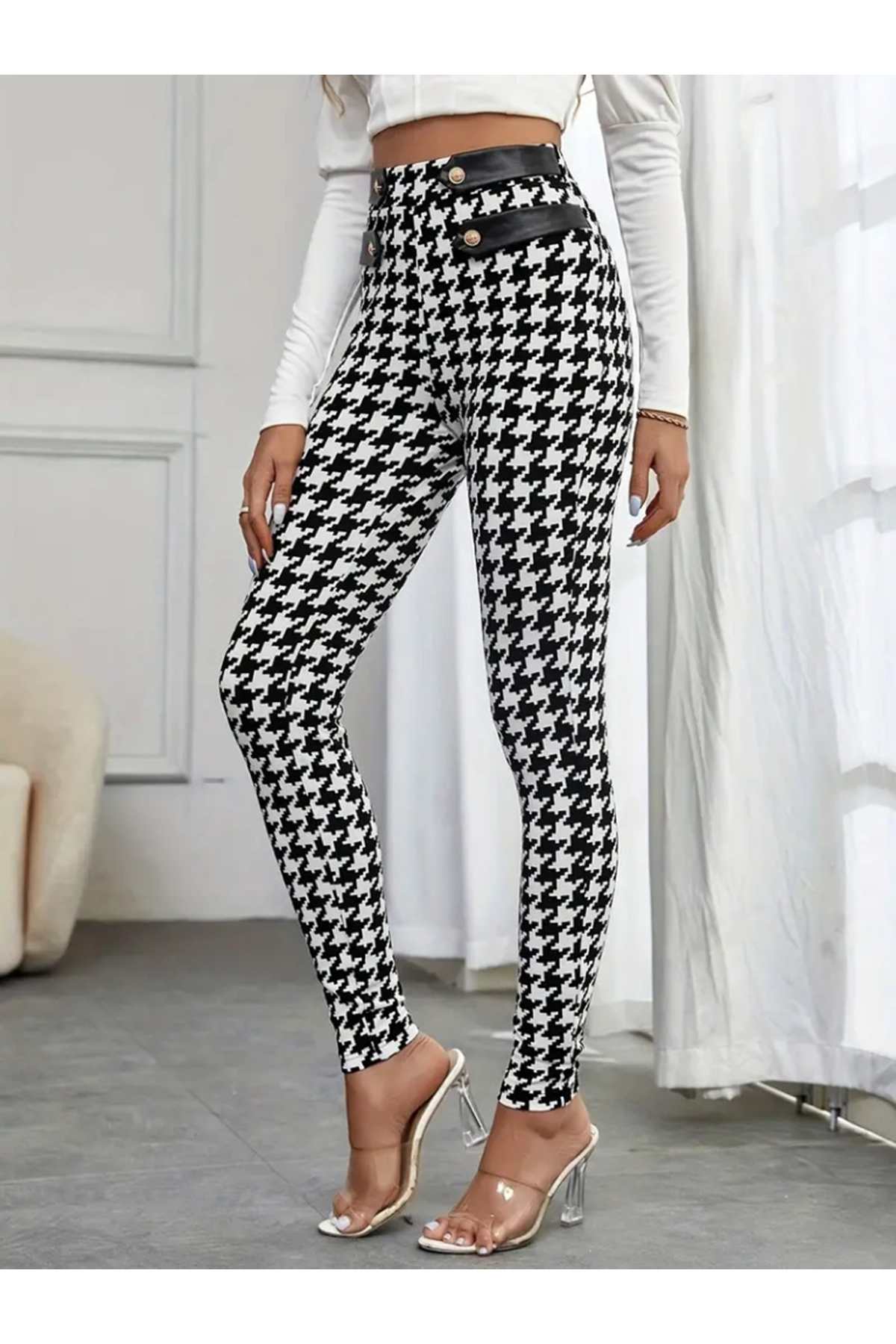 Kadın Yüksek Bel Kaz Ayağı Desenli Yan şerit Düğme Detaylı Dalgıç Pantolon